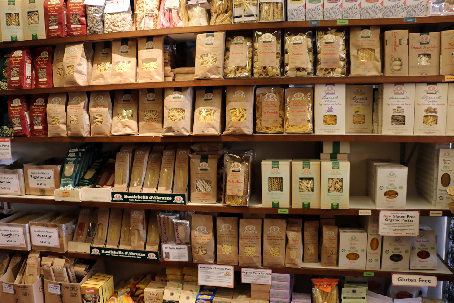 A veritable wall of the highest quality dried pastas from Italy and the U.S.