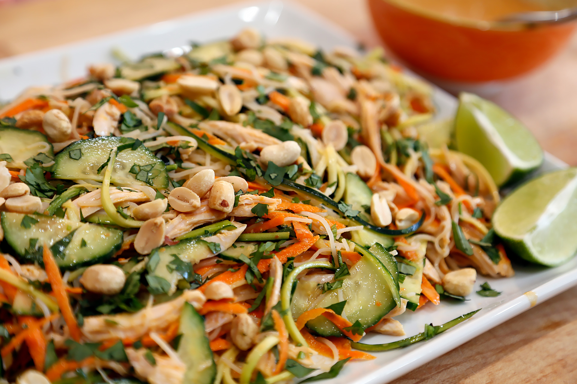 Asian-Style Noodle Salad with Turkey, Veggies, Herbs, and Lime-Peanut Vinaigrette.