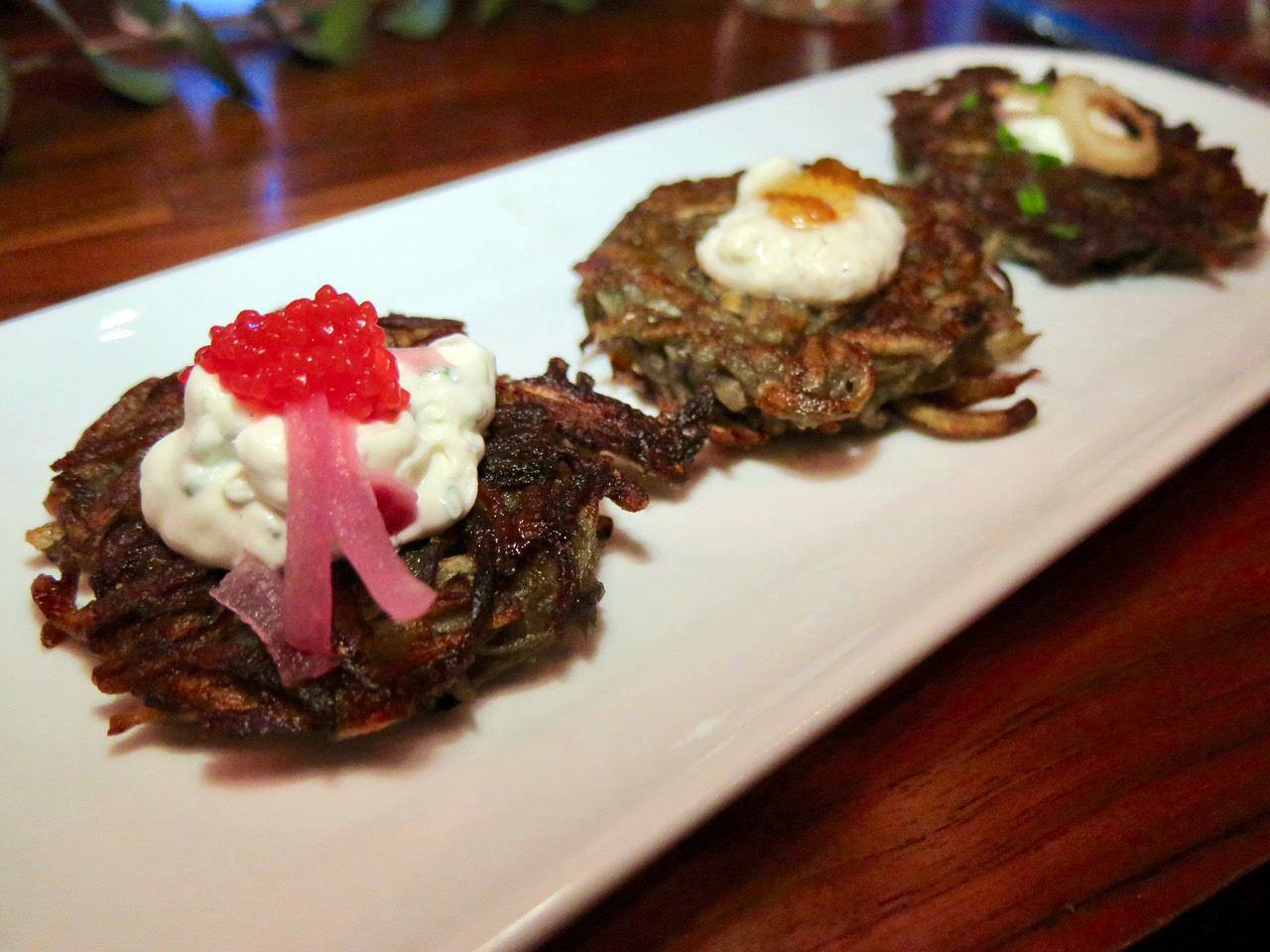 The trio of latkes featured cannabis leaves as an herbaceous note.