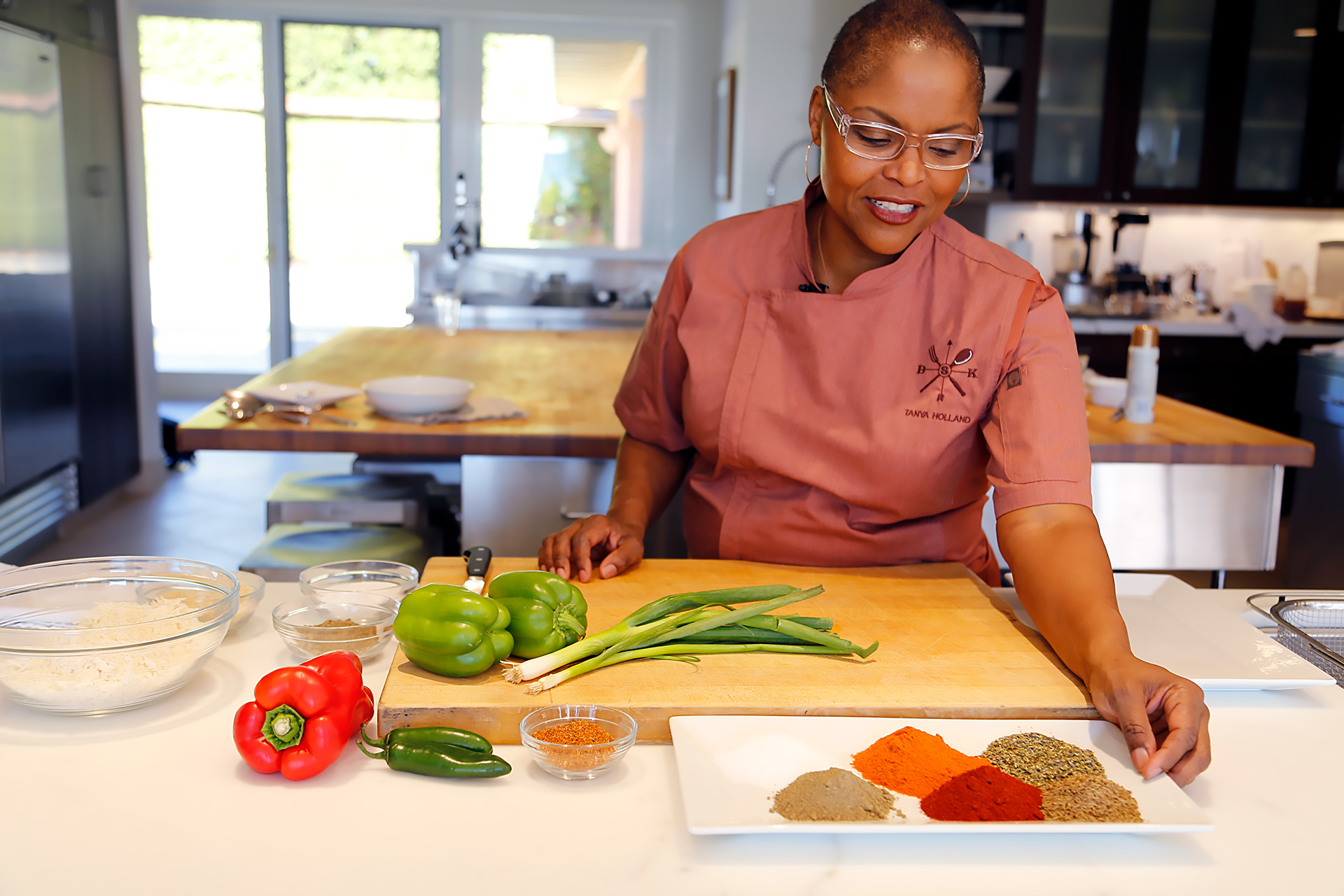 Tanya Holland preps ingredients for Vegetarian Dirty Rice