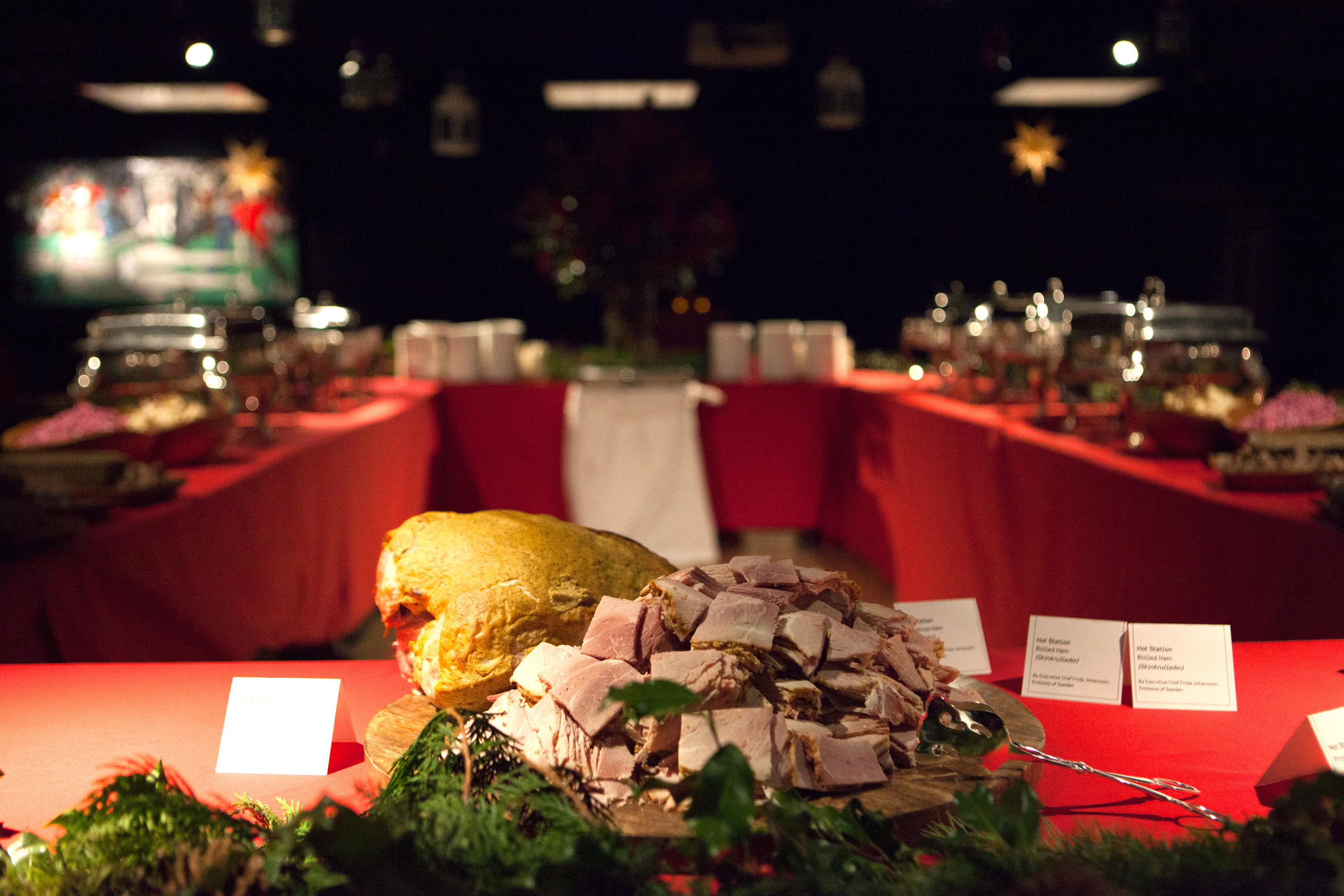 Ham is often considered a star of the julbord, seen here at the Swedish embassy. Aquavit chef Emma Bengtsson says as a child, she loved her mother's Christmas ham: It was "really, really good. Other people would say it's dry as hell and overcooked, but that's what I grew up with. I can't eat it any other way."