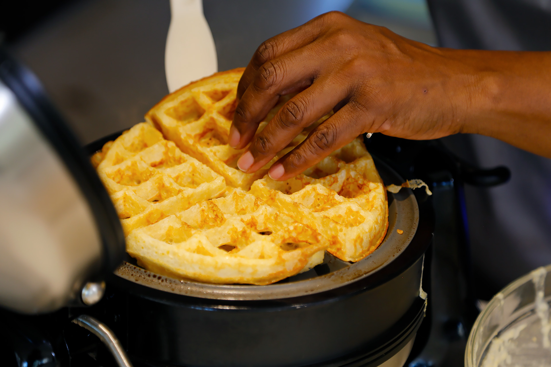  Cook waffles, following manufacturer’s instructions, until golden and cooked through, about 3 minutes.