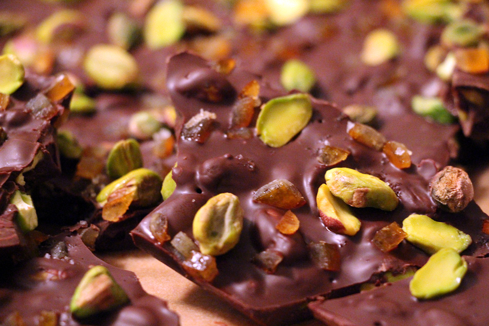 Dark Chocolate Bark with Salted Pistachios and Candied Orange