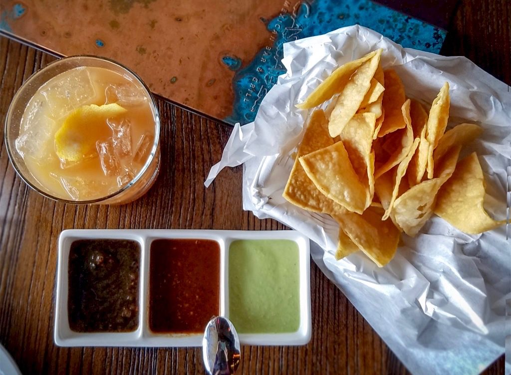 Tamarind cocktail, chips and salsa trio at Cascabel Mexican restaurant and grill in Santa Rosa.