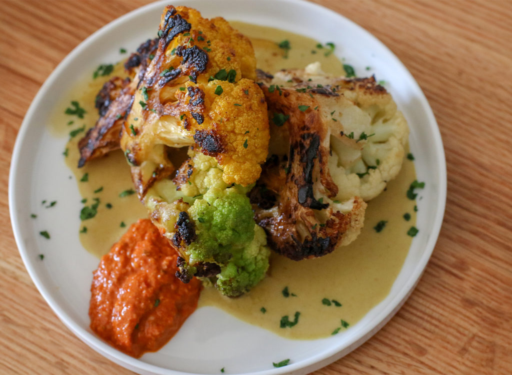 Charred cauliflower with coconut curry and Harissa at Perch and Plow restaurant in Santa Rosa.