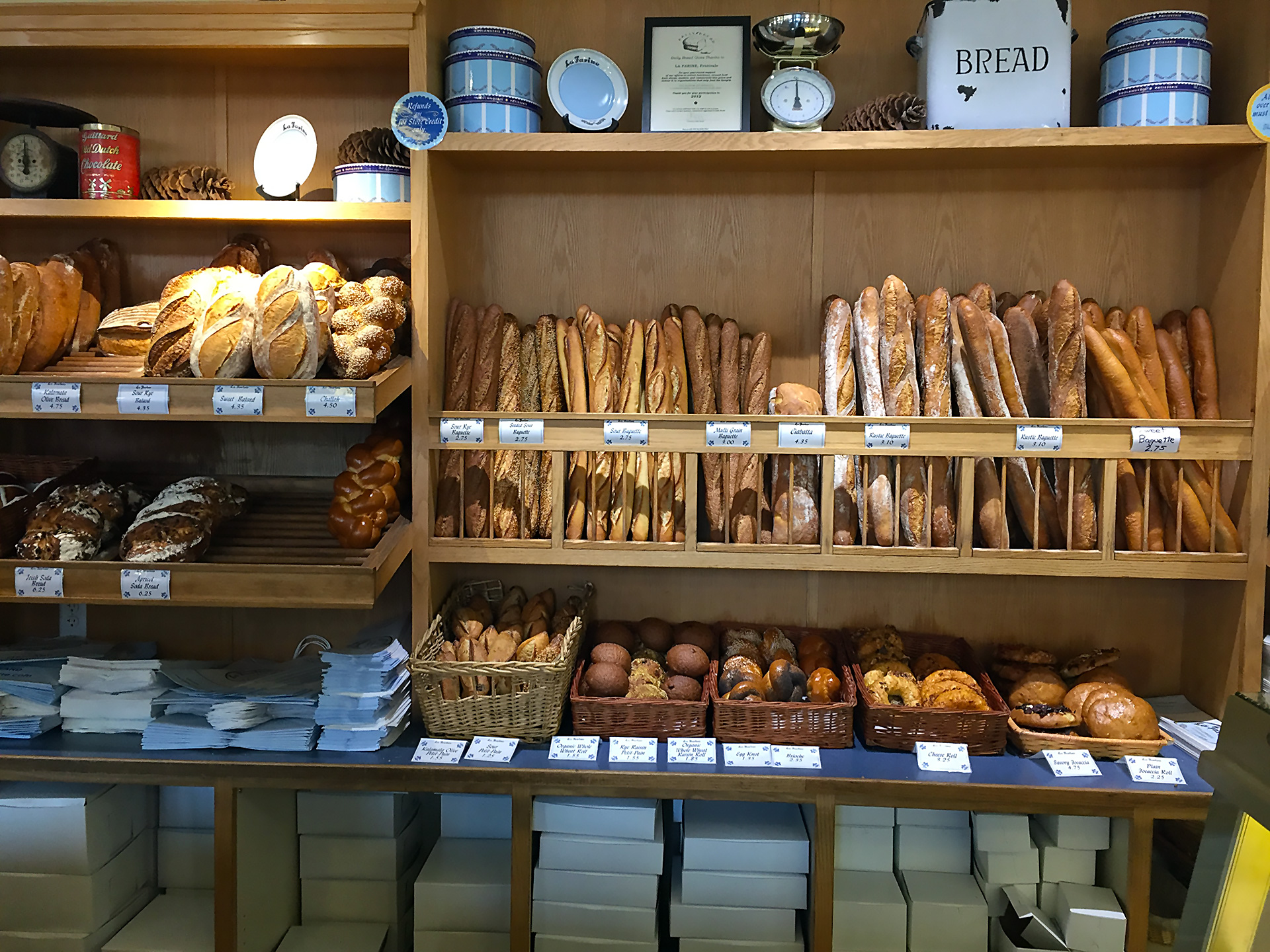 The bread display inside La Farine Bakery in Oakland