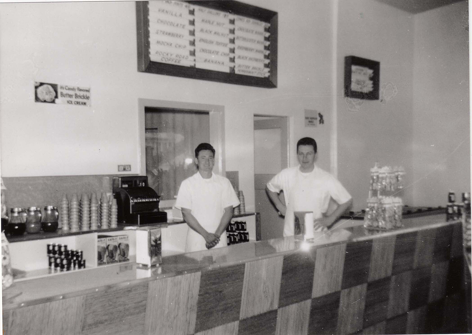 Larry Mitchell and Bob Mitchell at Mitchell's Ice Cream shop in 195