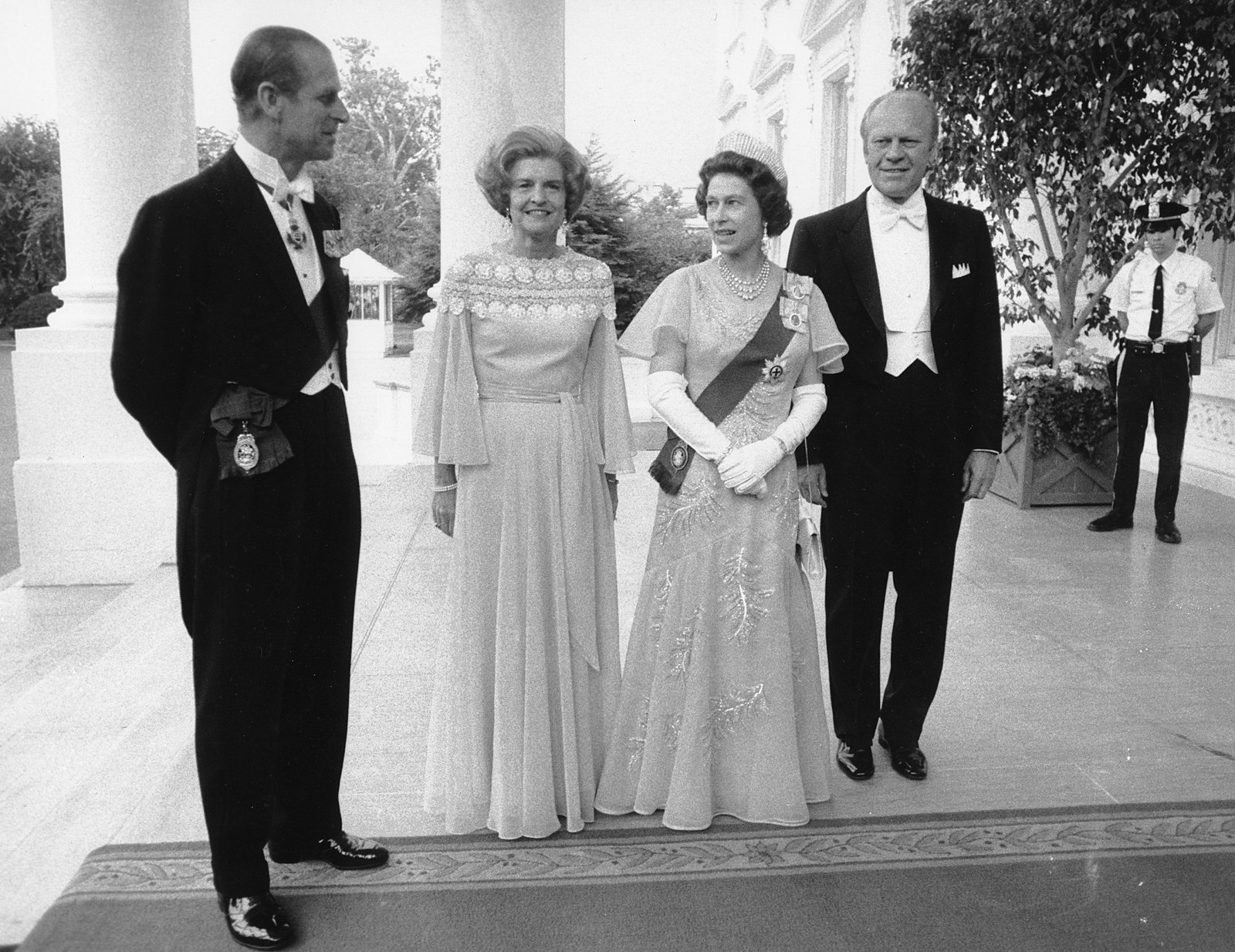 President Gerald Ford and first lady Betty Ford pose with Queen Elizabeth II and Prince Philip outside the North Portico of the White House on July 7, 1976.
