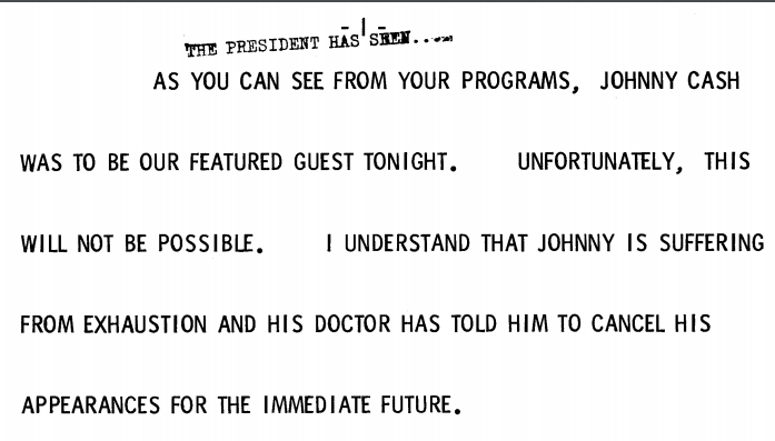 President Ford's remarks introducing Pearl Bailey and explaining why Johnny Cash was a no-show at the October 1975 state dinner.