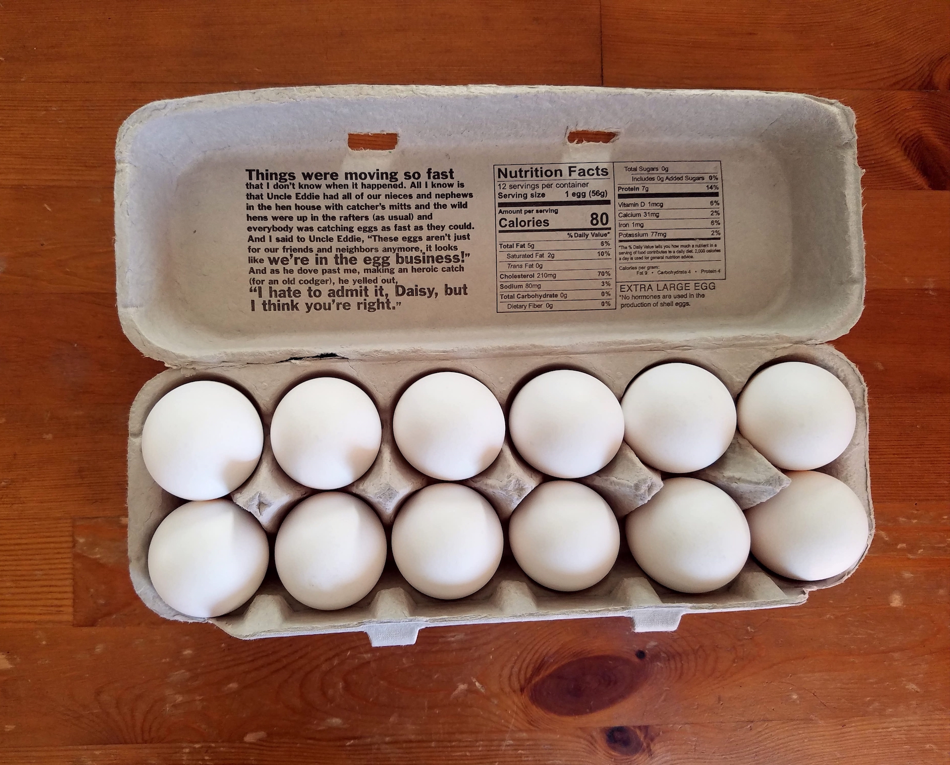 A carton of Uncle Eddie's eggs.
