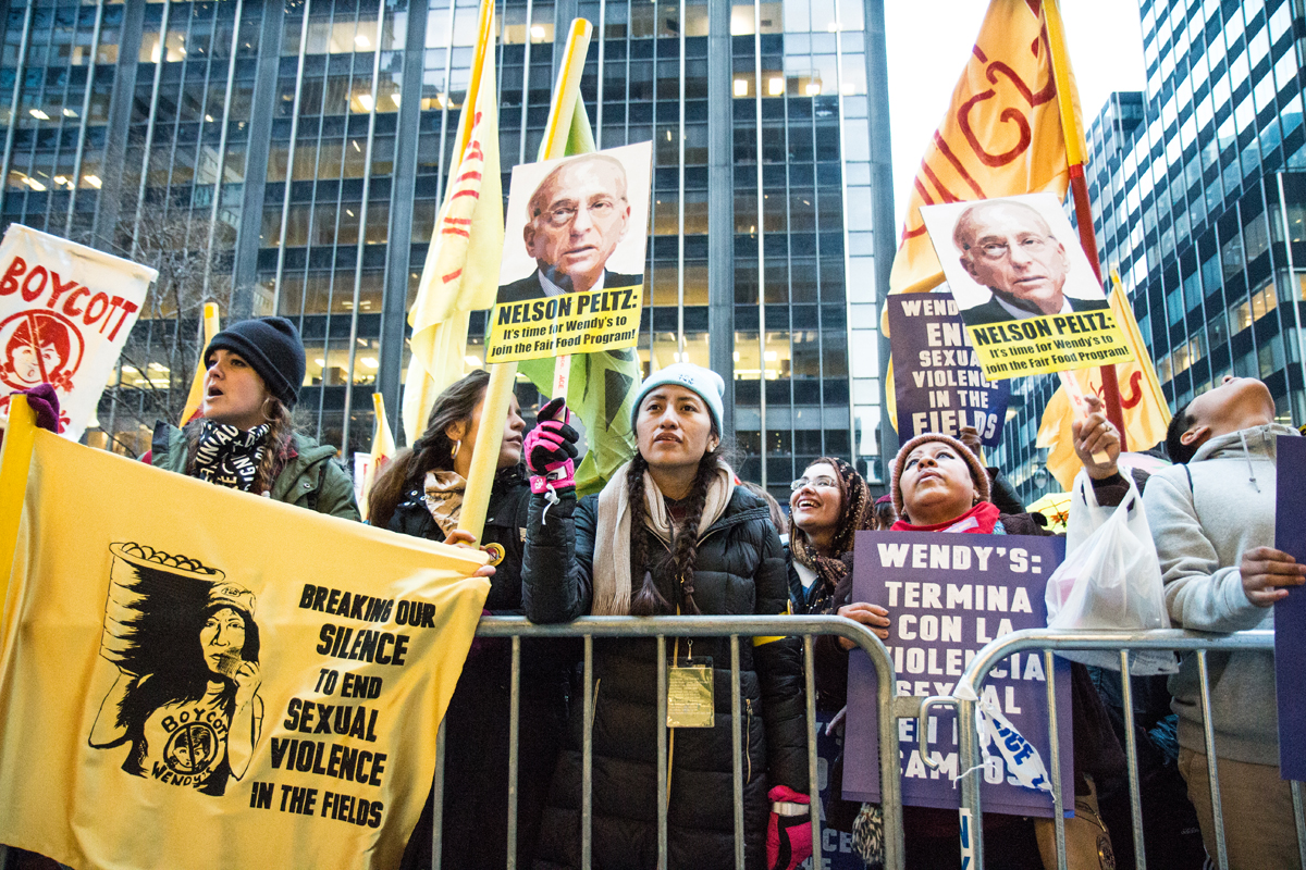 The 2,000-person Time’s Up Wendy’s March outside the Manhattan office of Nelson Peltz, Wendy’s board chair