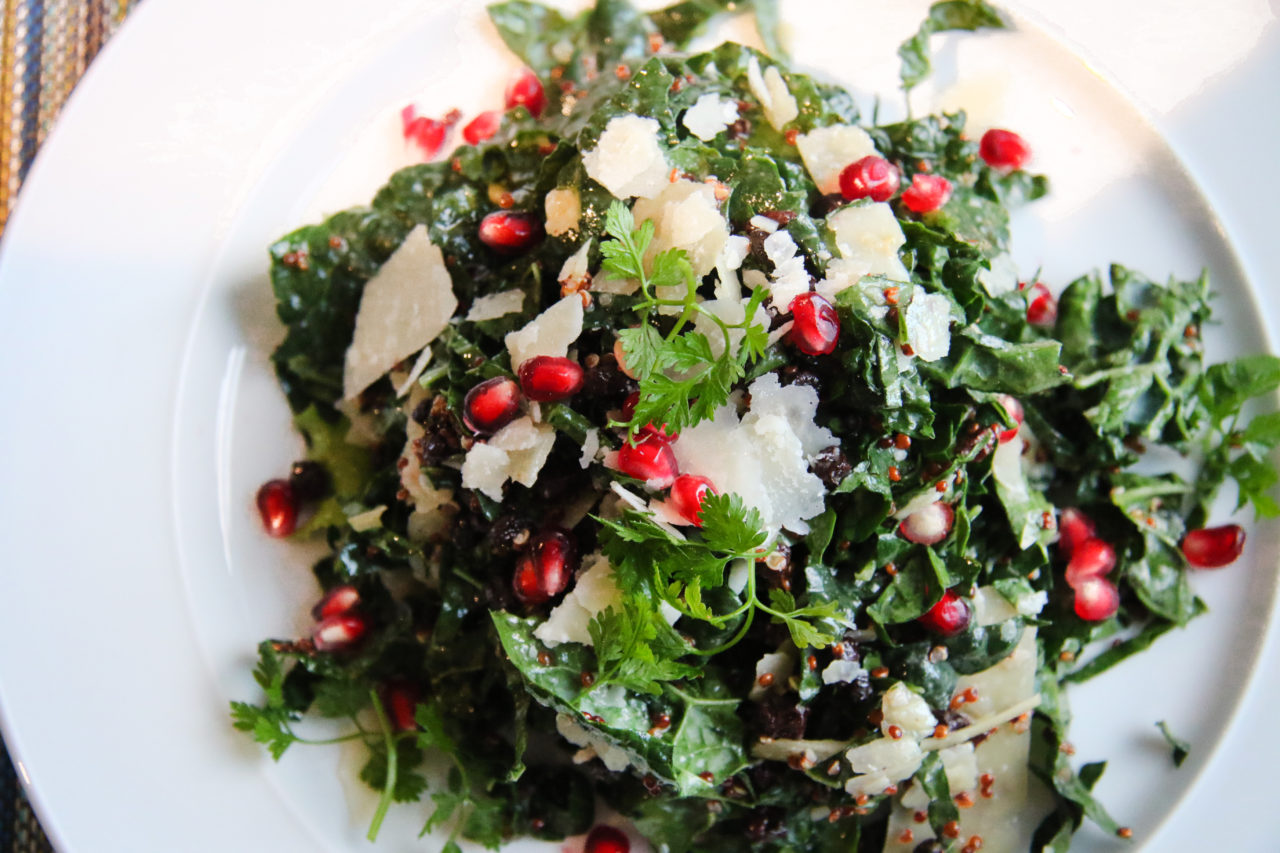 Kale salad with pomegranate, Parmesan, wine-soaked currants and walnut vinaigrette at Tisza Bistro in Windsor.