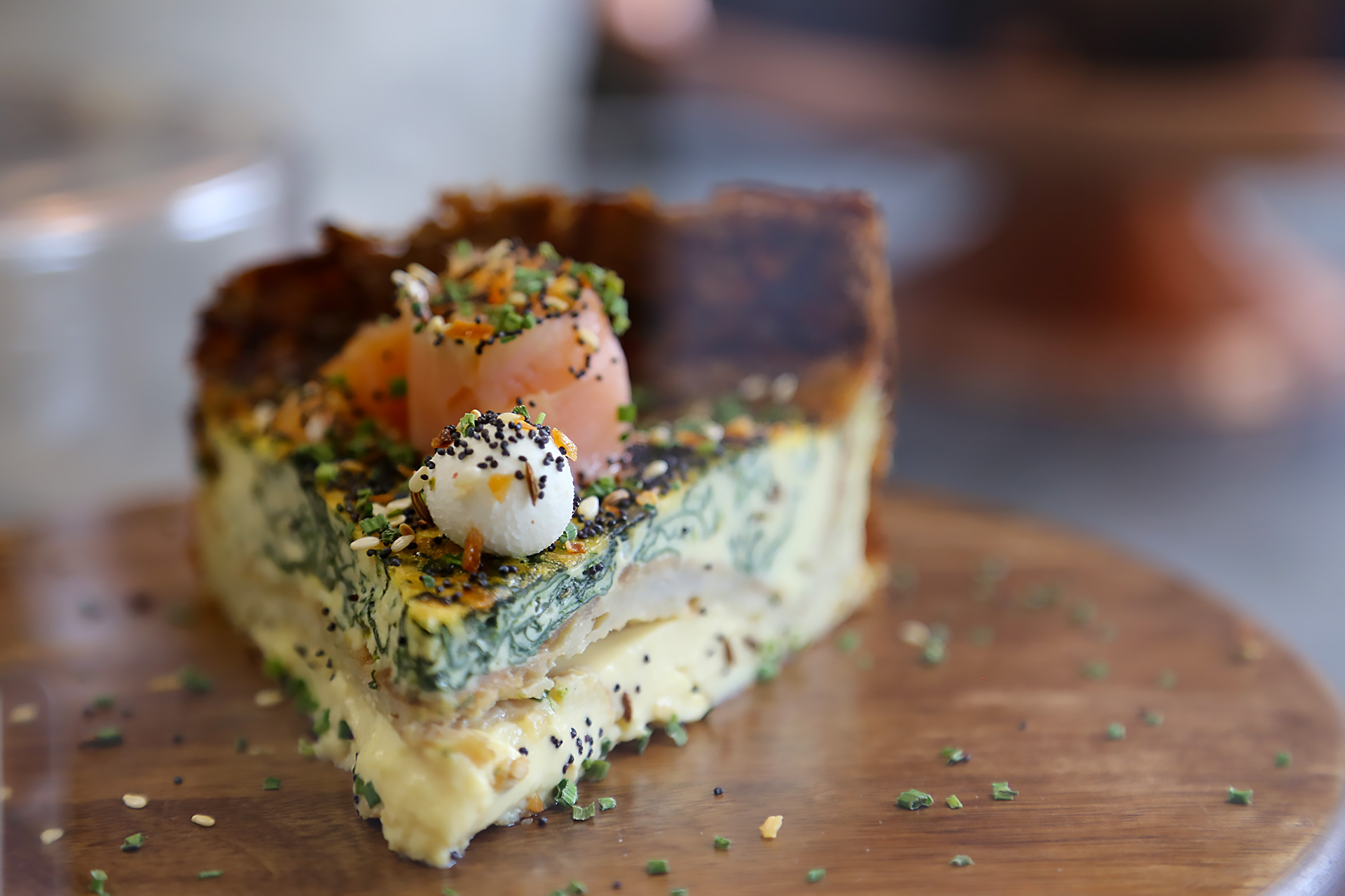 Smoked Salmon Quiche with Potato Crust, Spinach, Cream Cheese, 'Everything'