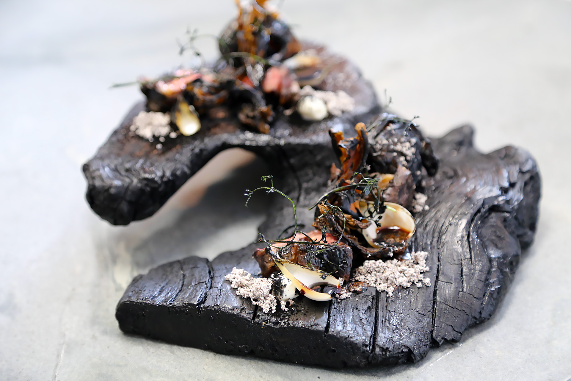 One “Elements” course called “Fire” centers on charcoal-grilled dry-aged New York steak, offset by charred pearl onions, crispy maitake mushrooms, leek ash and sunchoke “coal.”
