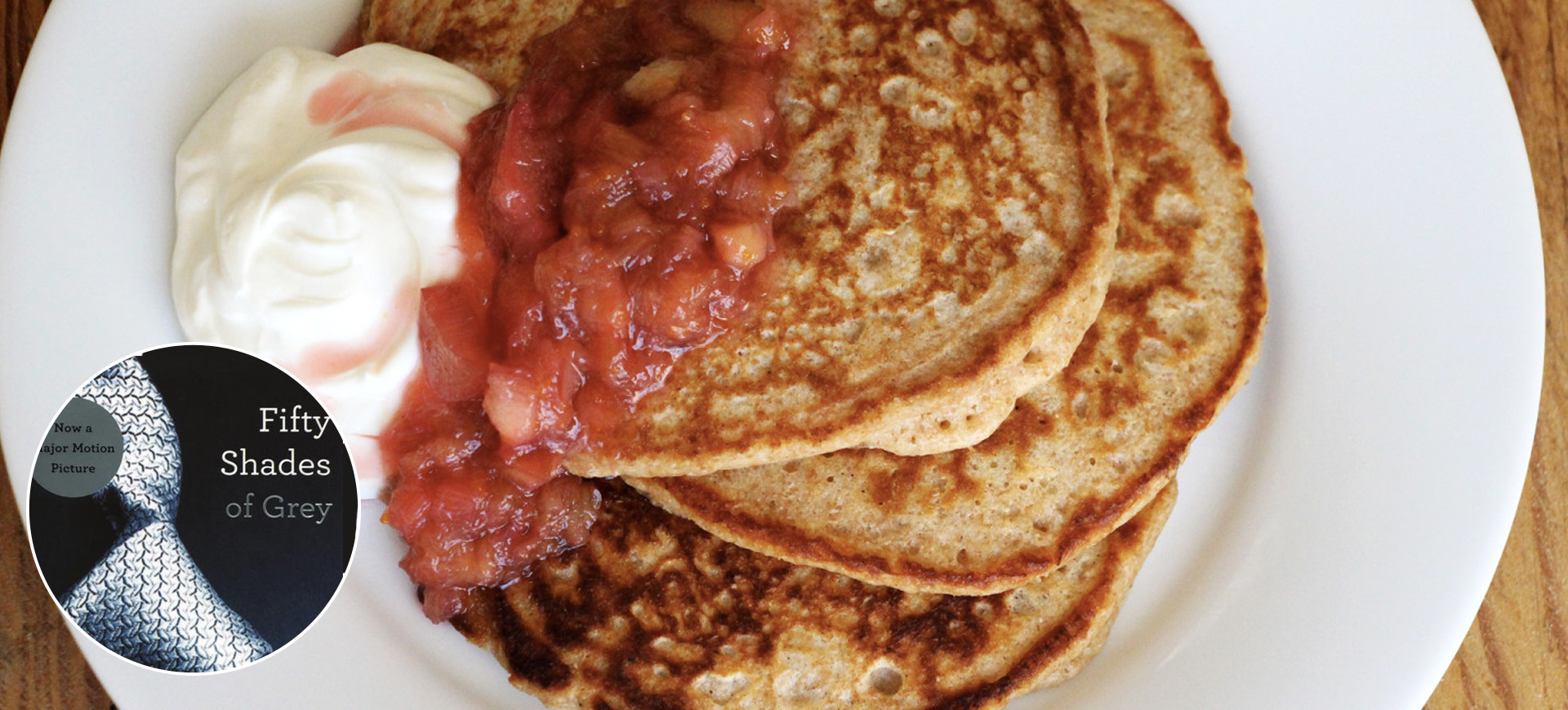 Fifty Shades of Grey and Multigrain Pancakes with Rhubarb-Orange Compote and Greek Yogurt.