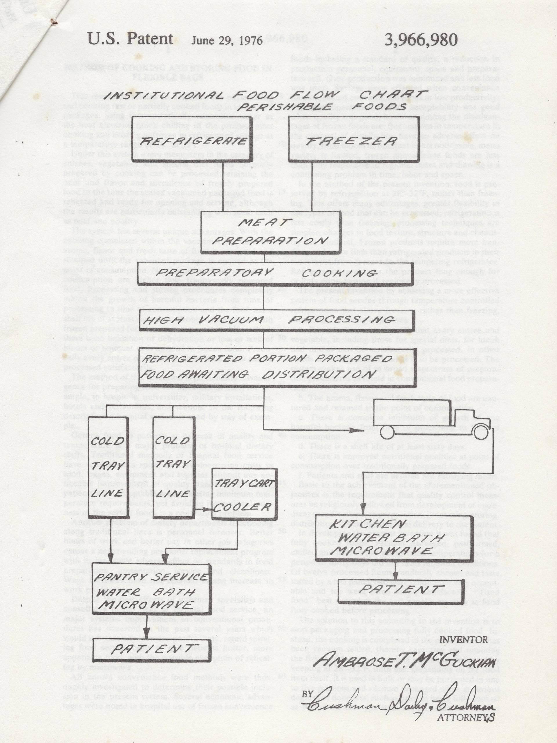 Ambrose McGuckian created a flowchart to illustrate the sequence of hospital food service from storage to preparation to patient for his patent.