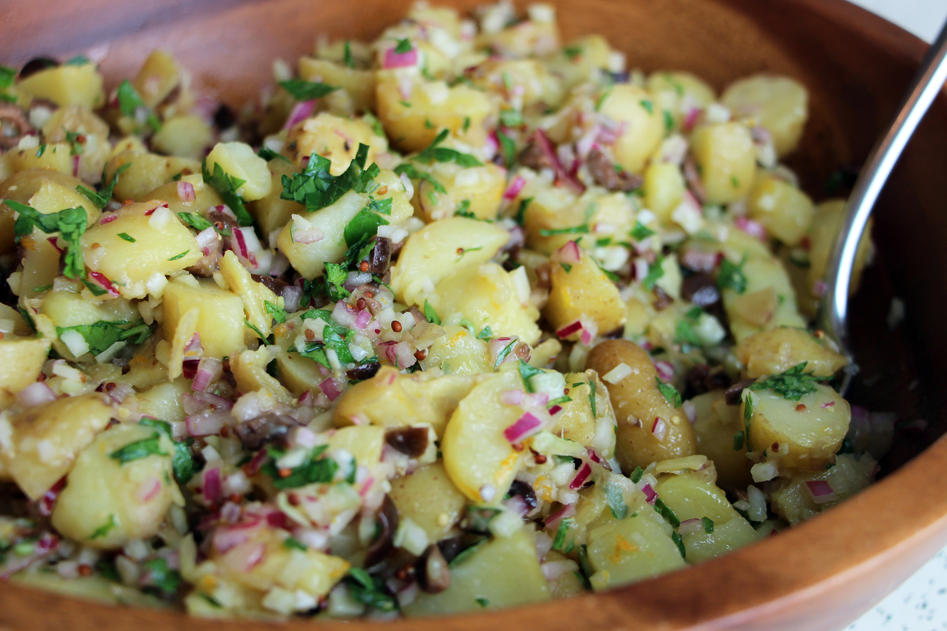Fingerling Potato Salad with Black Olives, Orange-Mustard Vinaigrette and Chopped Fennel