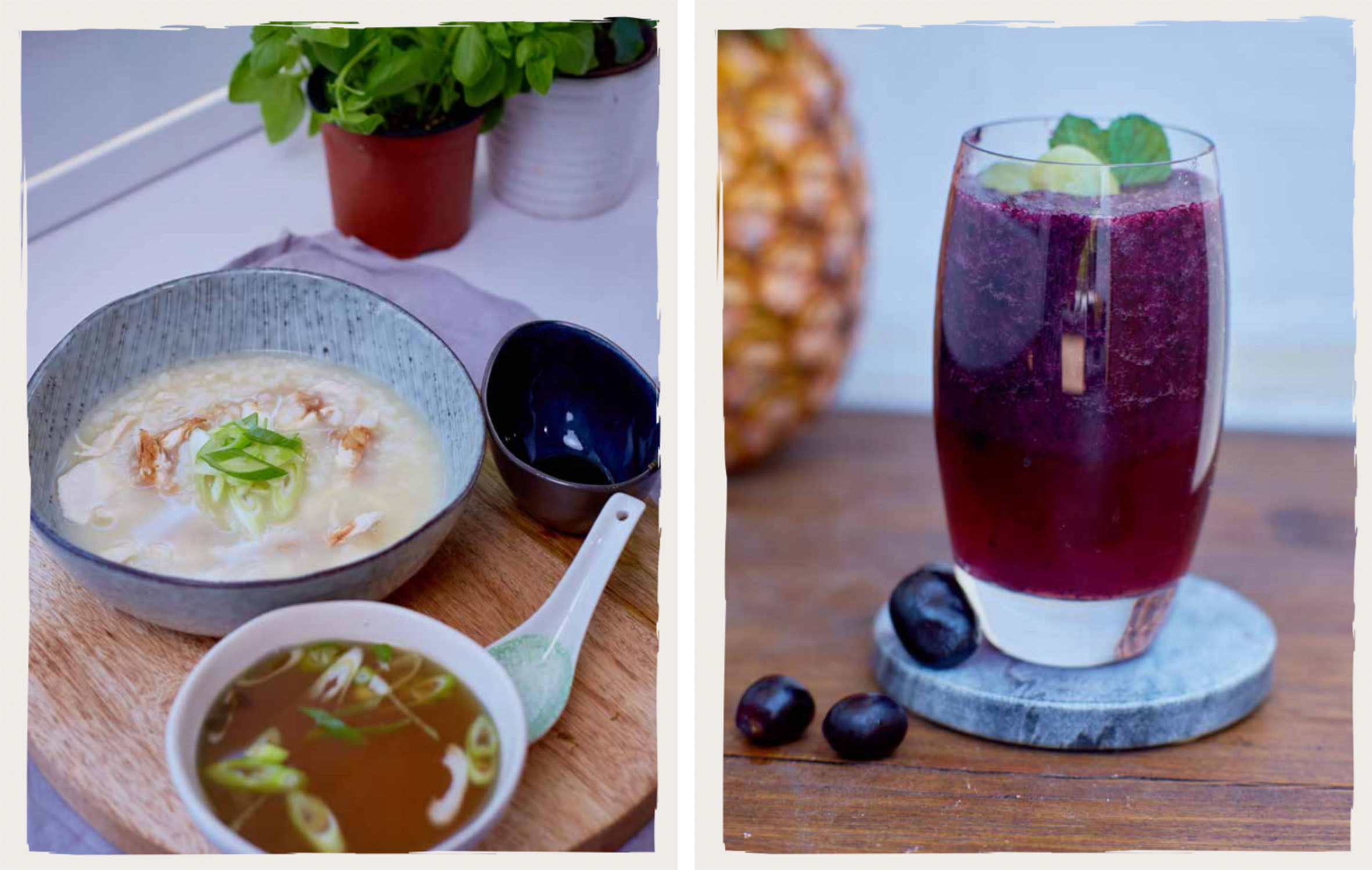 Left: shredded chicken and ginger congee. Right: a grape slushy. Both recipes come from Peter Morgan-Jones, executive chef at the HammondCare Foundation in Australia. He believes the visual impression a food makes is essential.