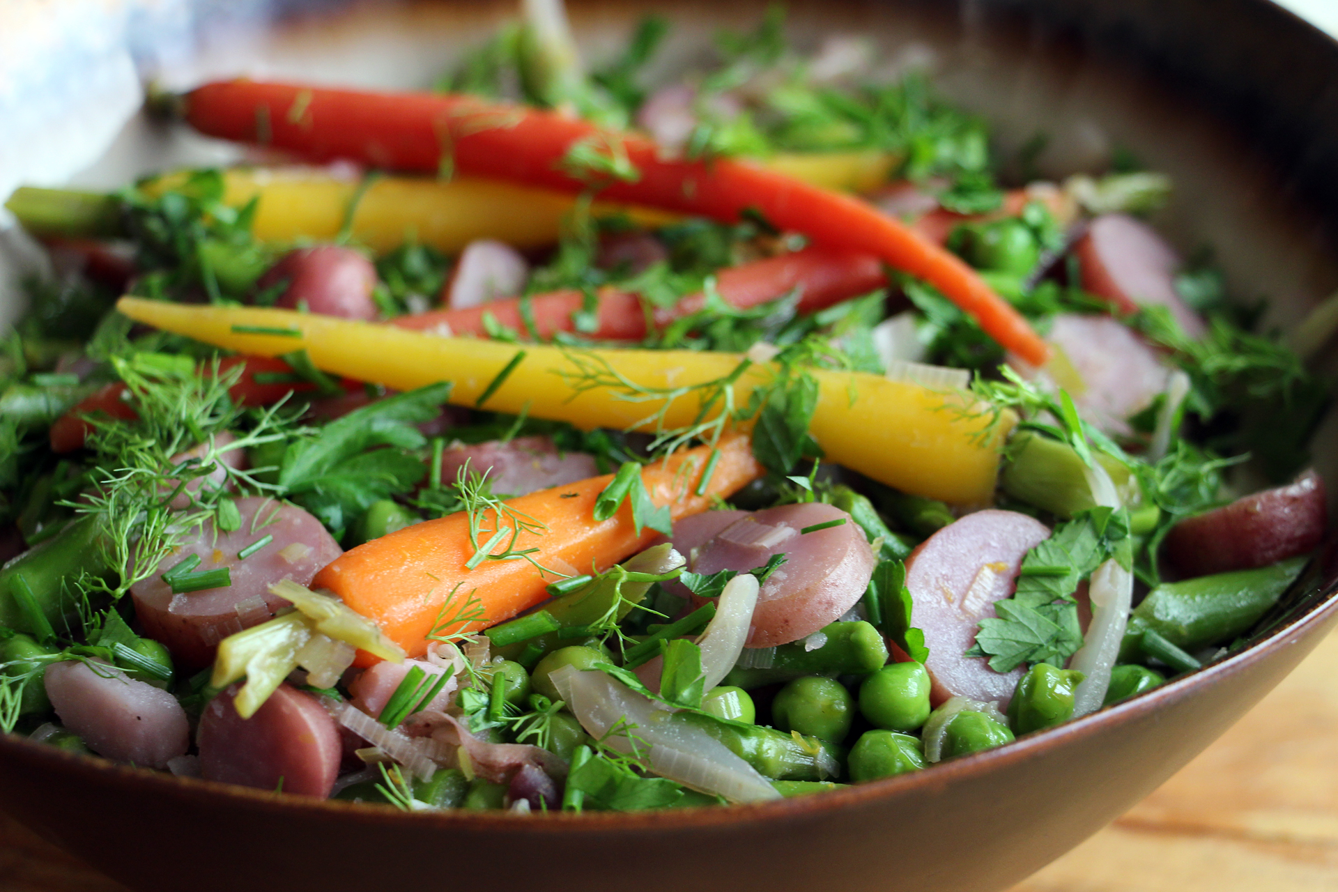 Springtime Vegetable Ragout with Asparagus, New Potatoes, Baby Carrots, Fennel, Fresh Peas, and Herbs