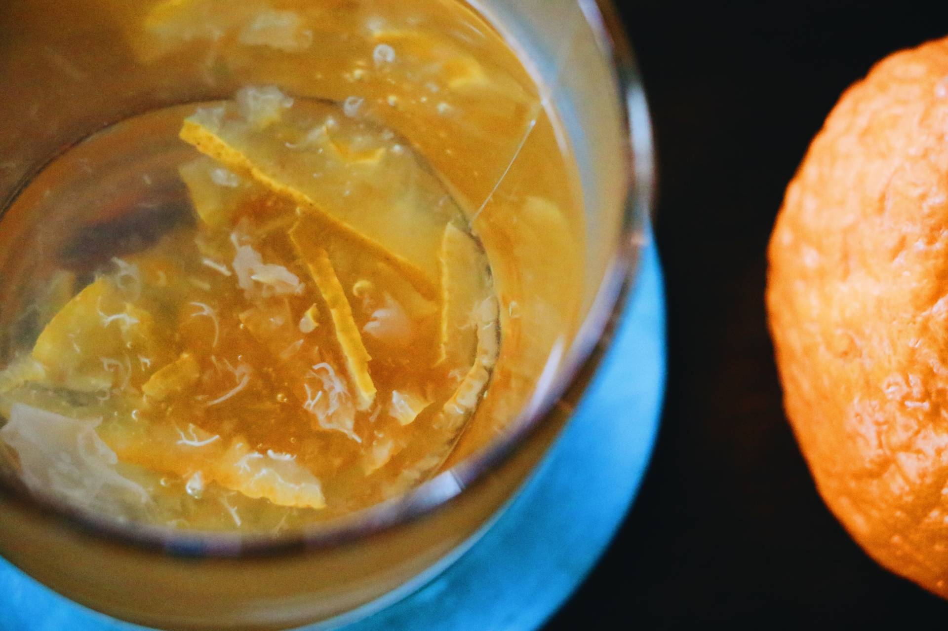 Yuja-cha (유자차), or yuja tea, made with the yuja fruit, is especially high in vitamin C. The tea pictured was made with store-bought yuja marmalade.