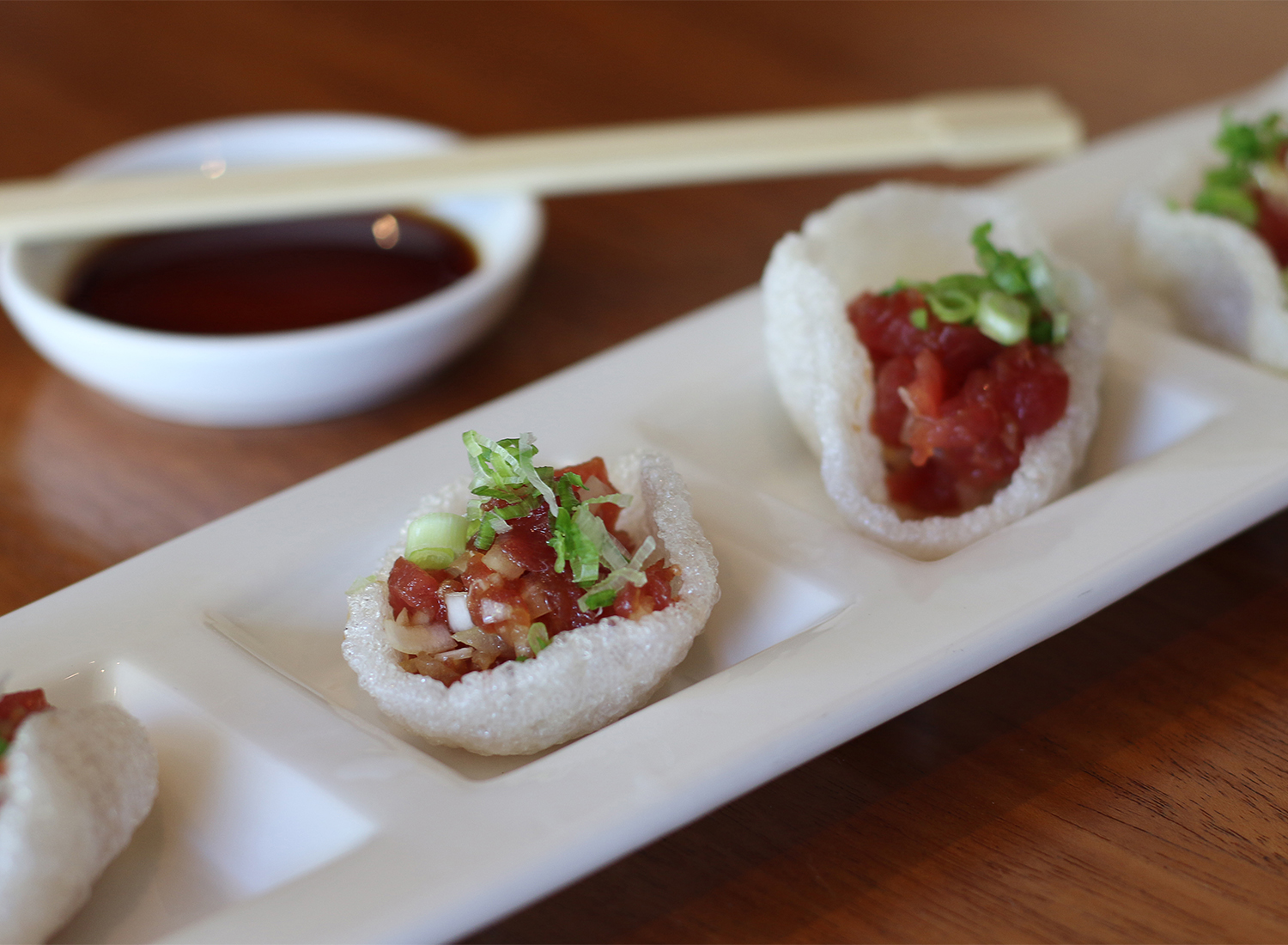 Tuna tartar on shrimp crackers at Sake 107 in Petaluma.