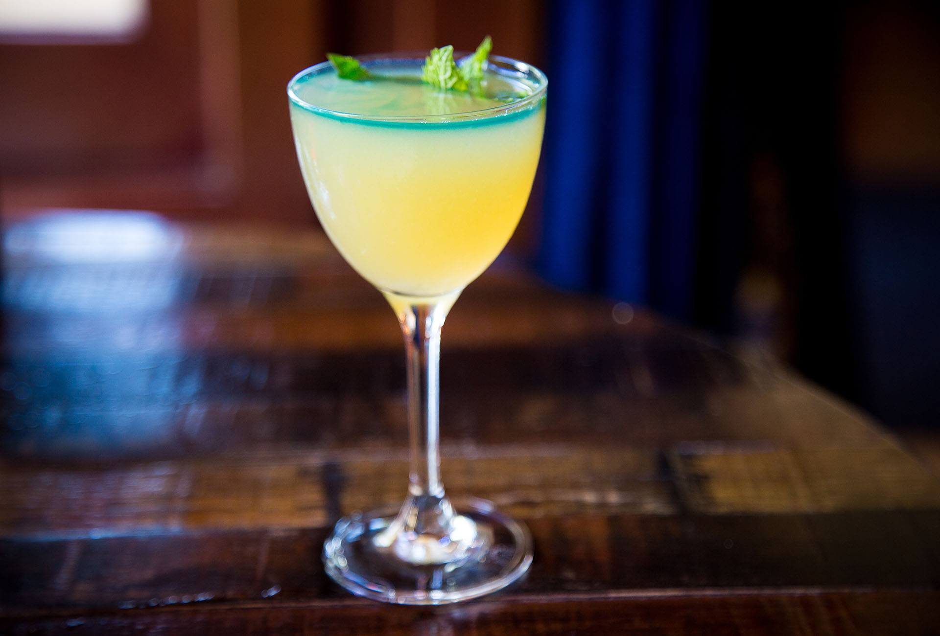 The Sparking Vibrations, a drink for Teresa Sparks, HRC Director--made with mezcal, luscardo, green chartreuse, and lime.