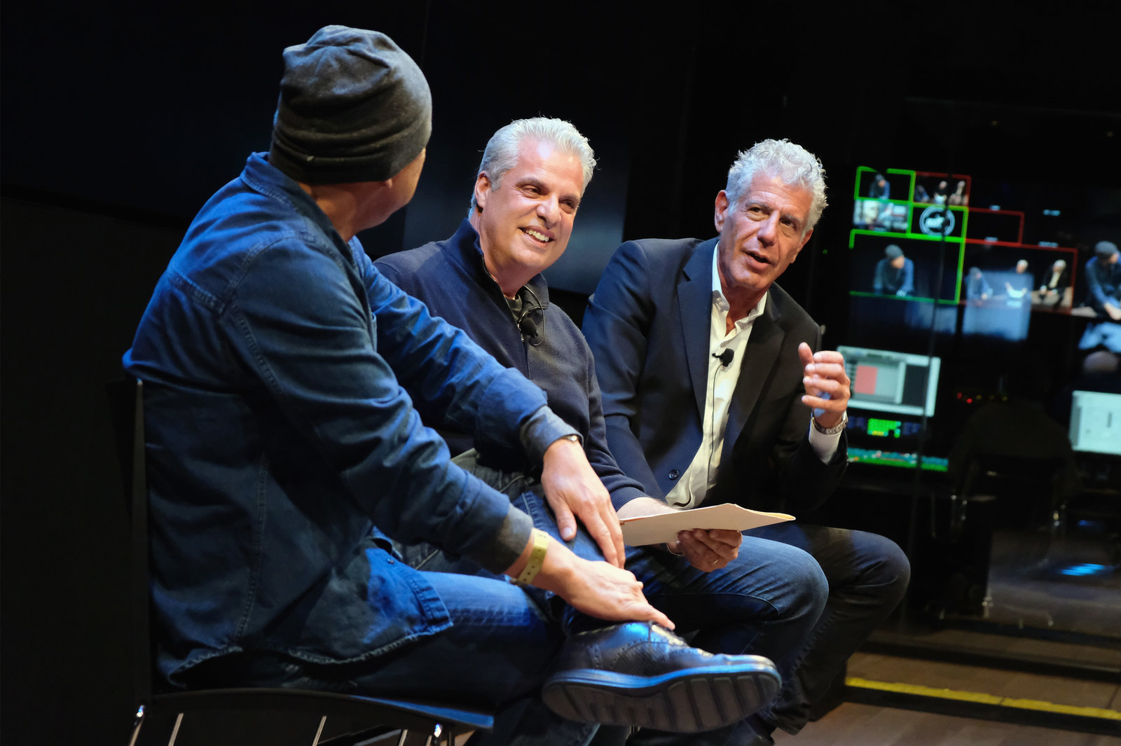 Chefs Masa Takayama (left), Eric Ripert and Anthony Bourdain during a screening of Anthony Bourdain: Parts Unknown in 2016 in New York City.
