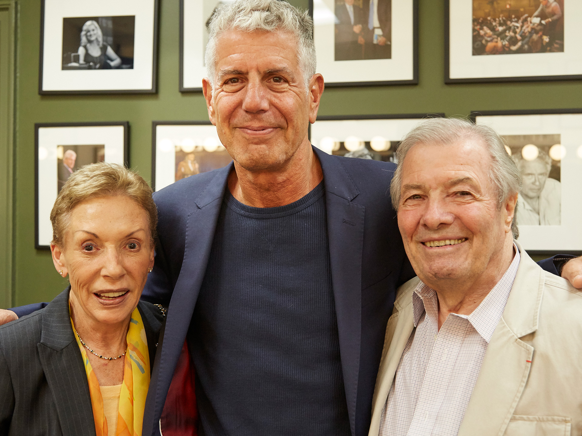 Gloria Pépin, Anthony Bourdain and Jacques Pépin at event in October 2015 at the 92nd Street Y in New York City. Tony moderated a discussion about Jacques” book Heart and Soul.