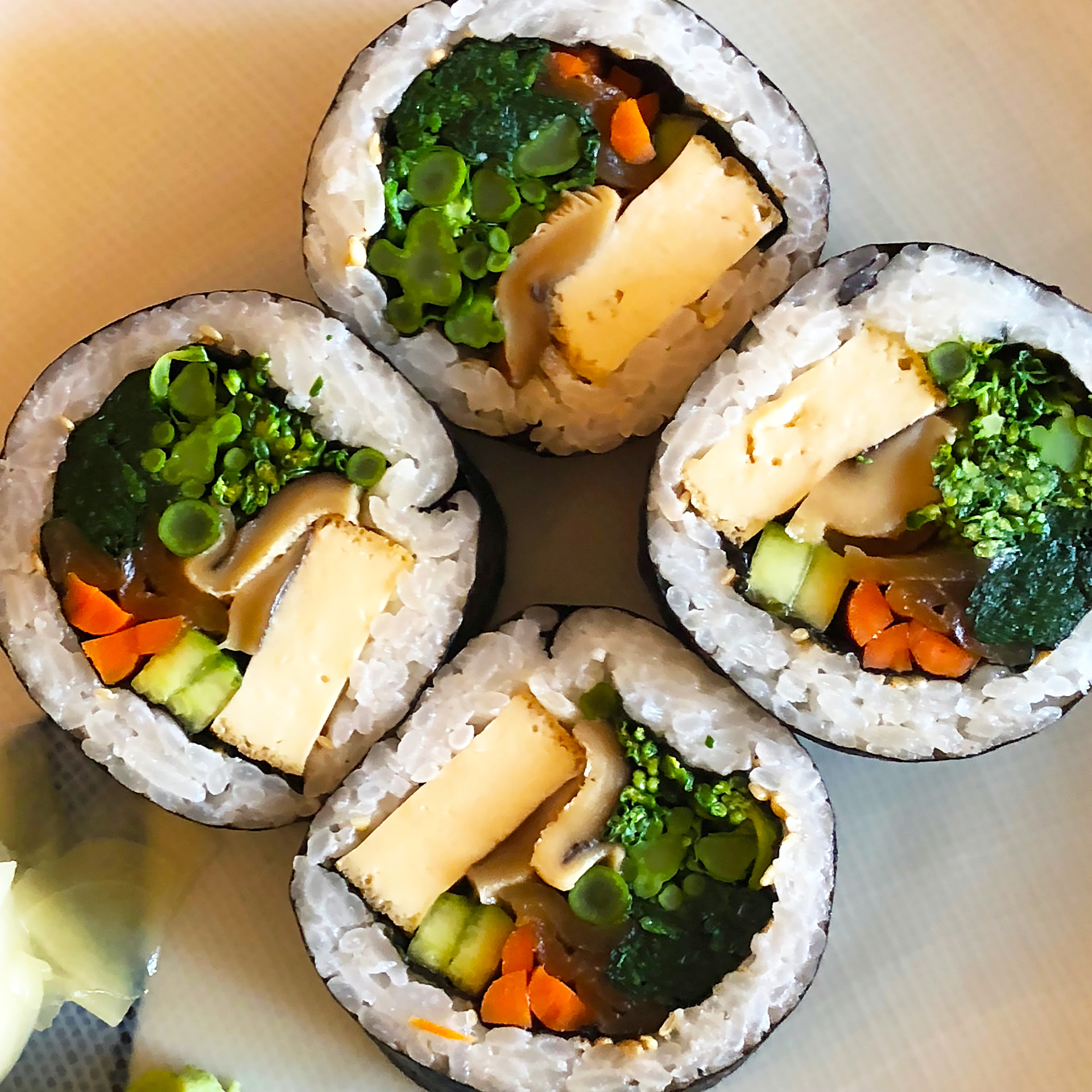 Cha-Ya Vegan Roll: The traditional "futomaki" roll vegan style. Spinach, atsuage tofu, cucumber, broccolini, shiitake, kampyo, yamagobo and ginger. ($10)