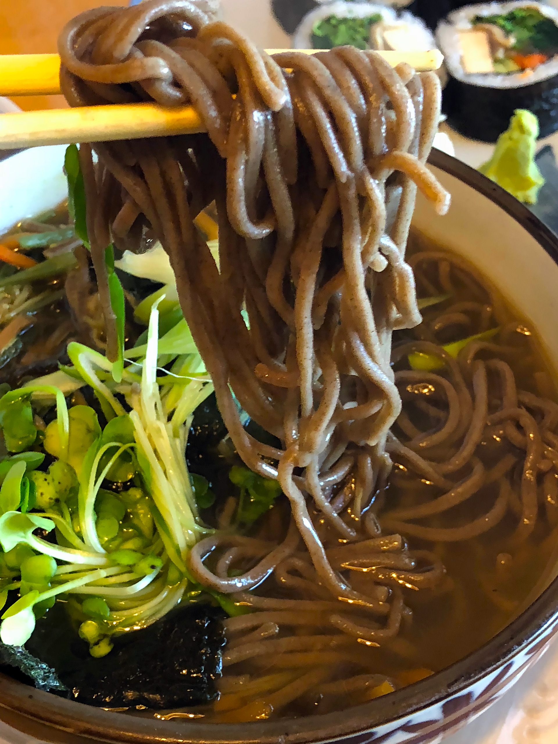 Sansai Noodle Soup: Soba noodles displayed along with wild mountain vegetables, bracken, bamboo shoots, wood ear mushrooms, carrots, enoki. ($12)