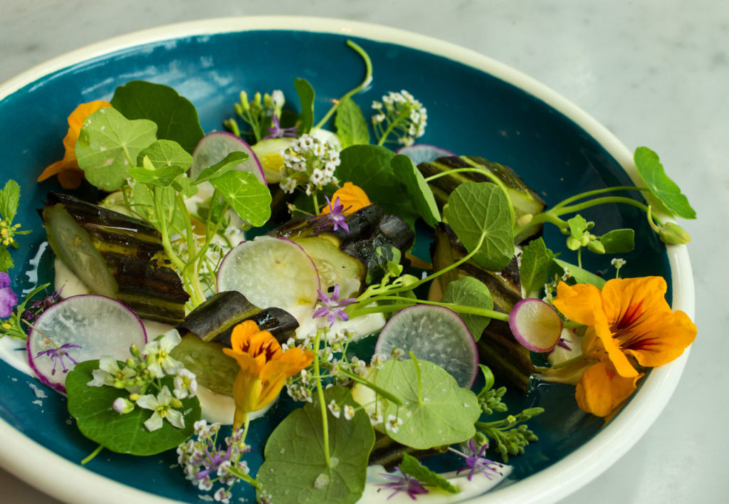 Charred Cucumber Salad with yogurt, nasturtium, marigold and watercress from SHED chef Perry Hoffman in Healdsburg. 