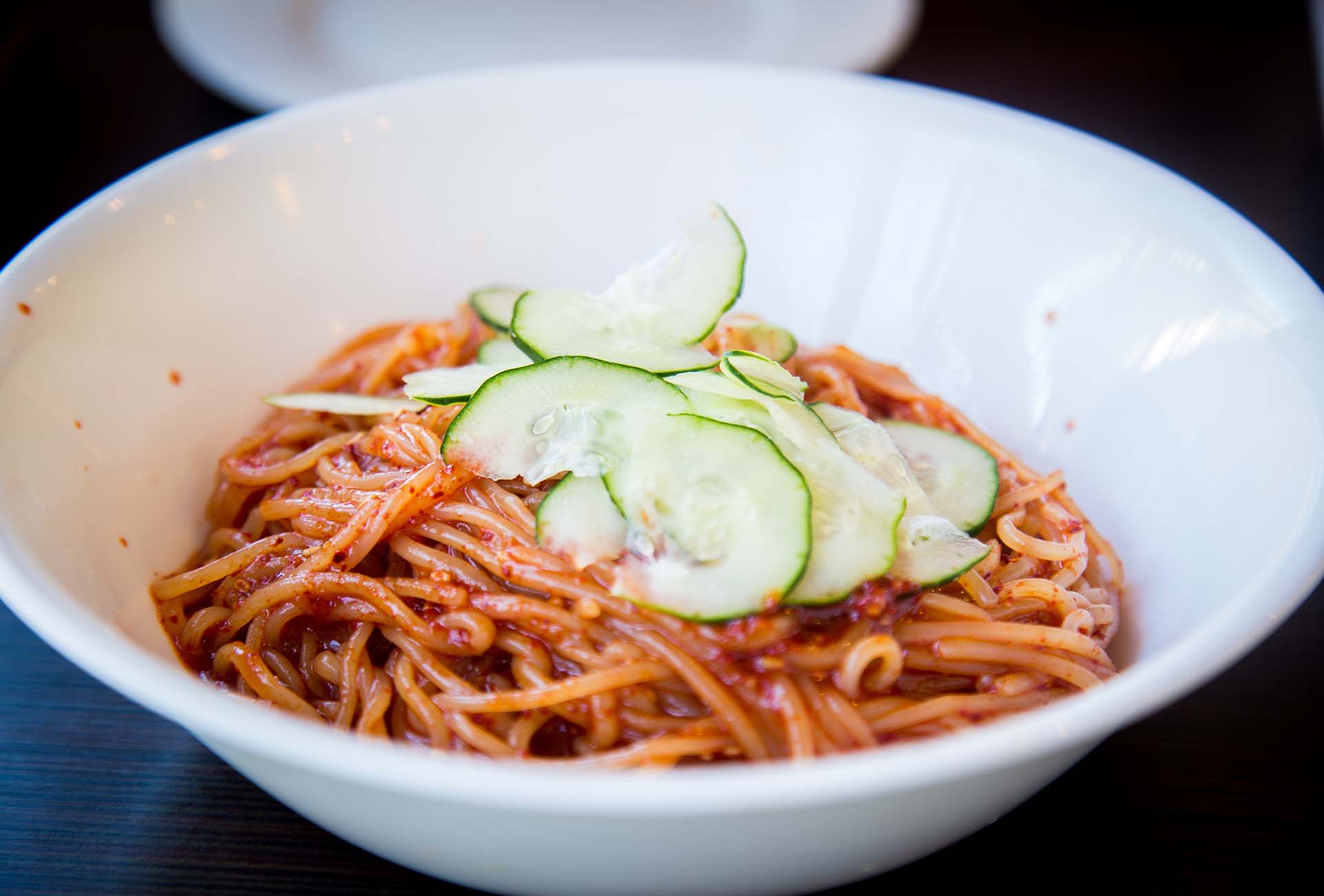 The chol-myun, or spicy cold noodles with cucumbers