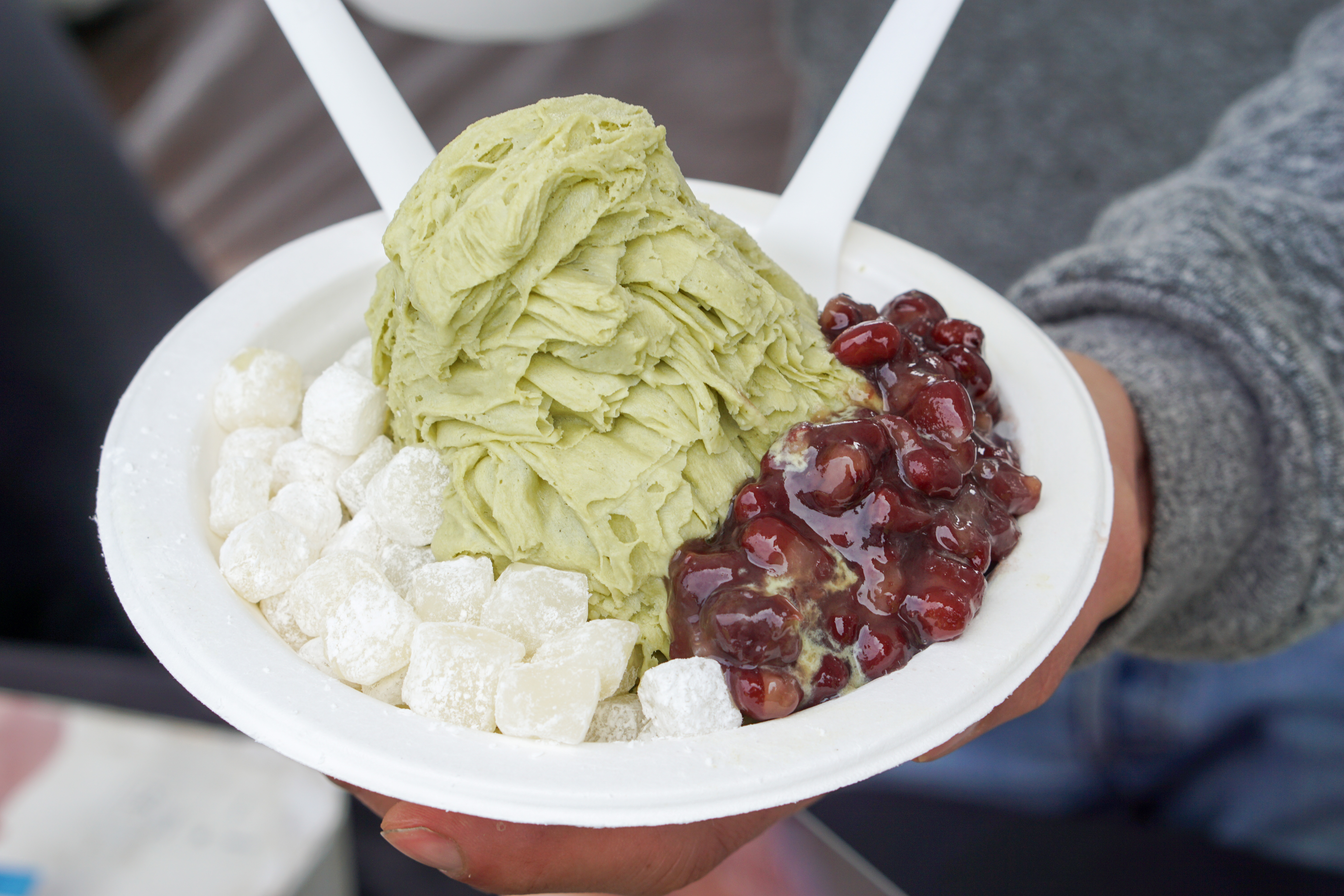 Powder Shaved Snow matcha with red bean and mochi