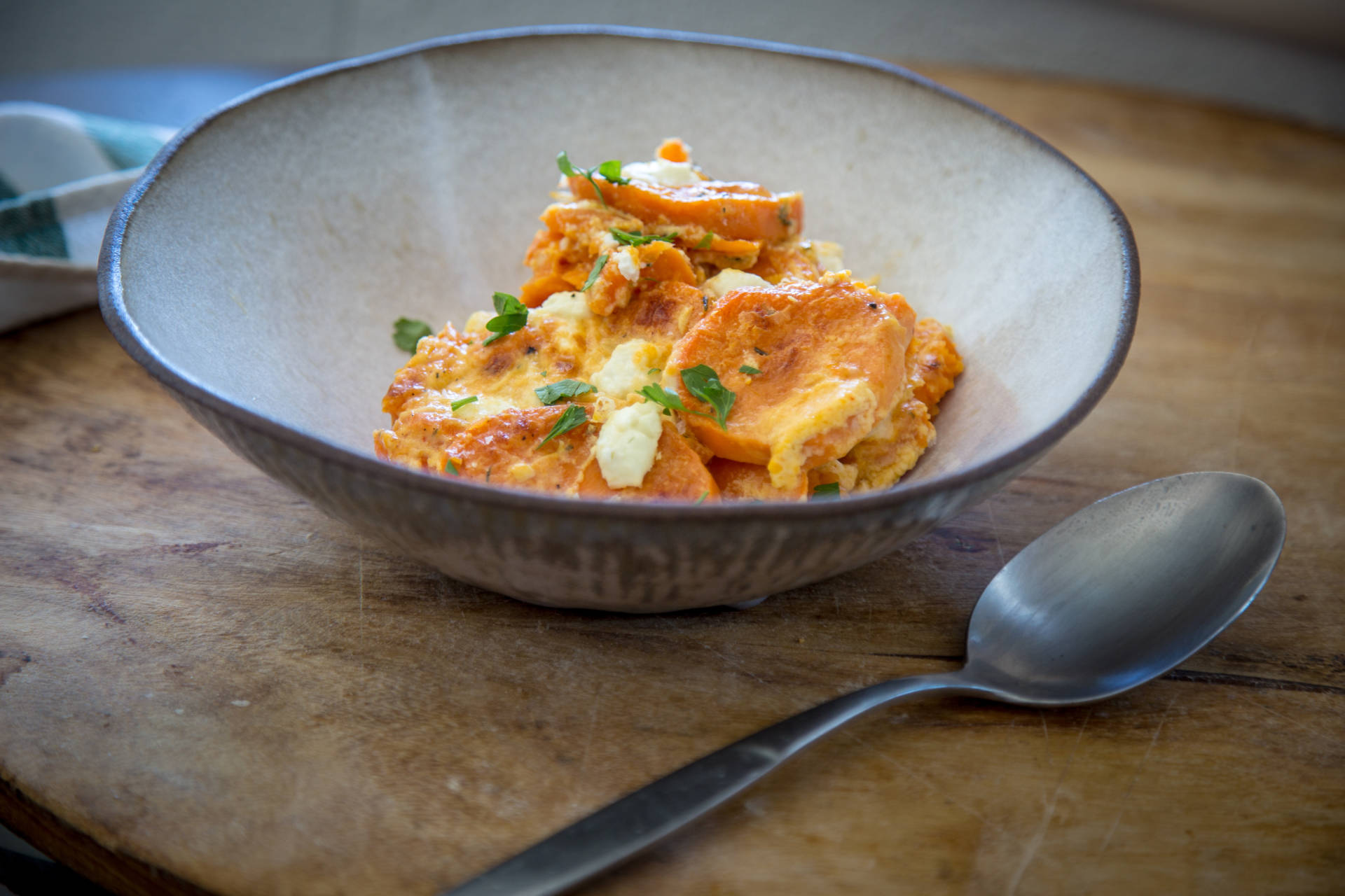 Sweet Potato Gratin with Goat Cheese and Harissa