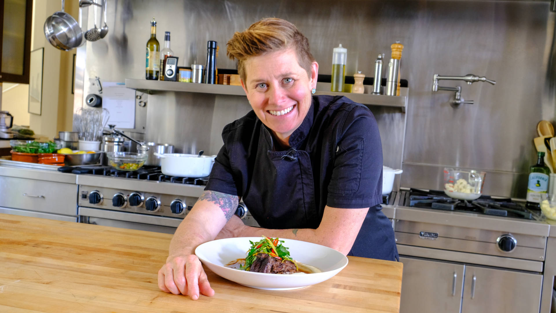 Chef Jen Biesty with her ancho chili and chocolate braised short ribs.