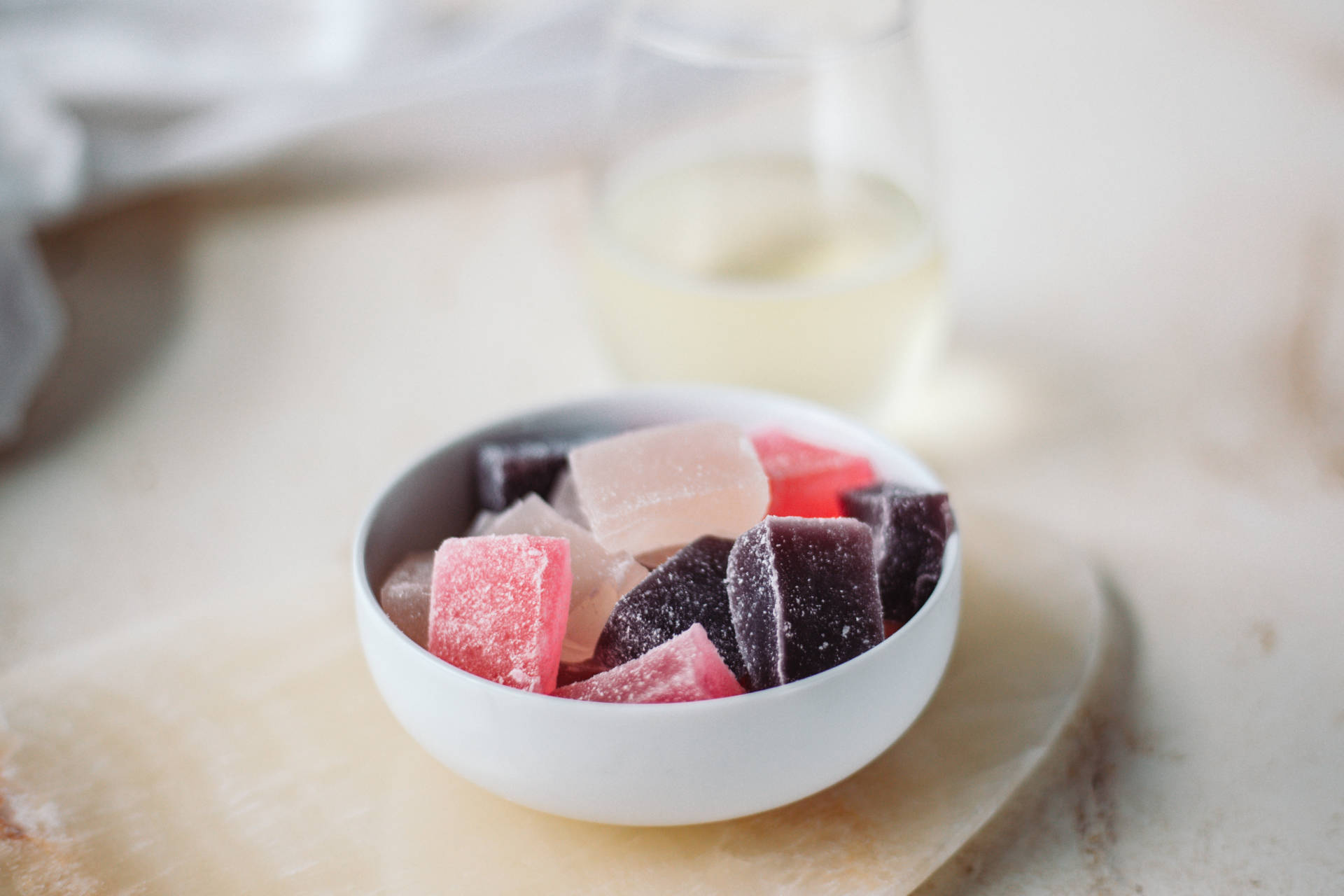 Homemade wine gummies in prosecco, pinor noir, and rose.