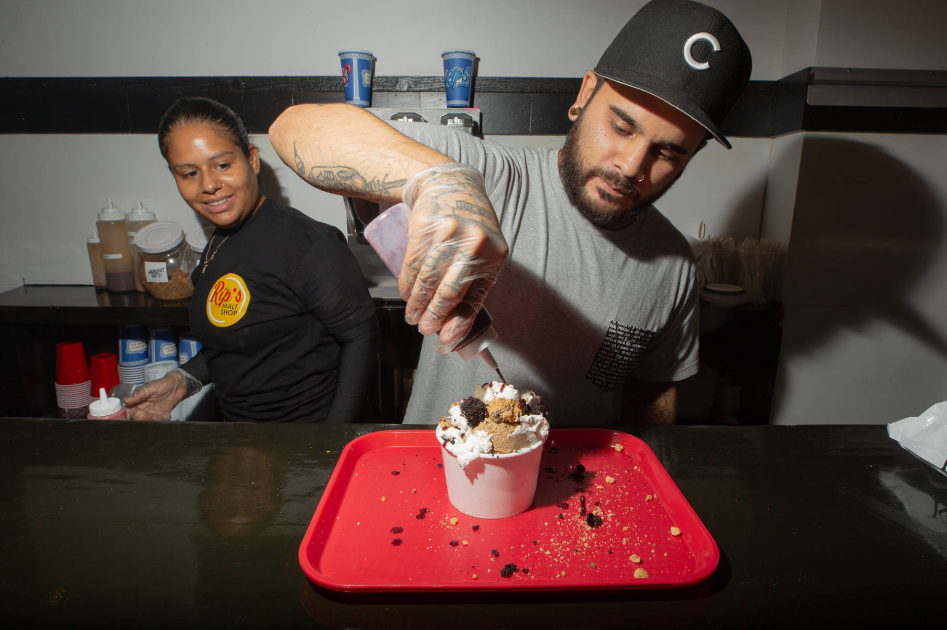 Castro makes a vegan coffee ice cream sundae at Rip's.