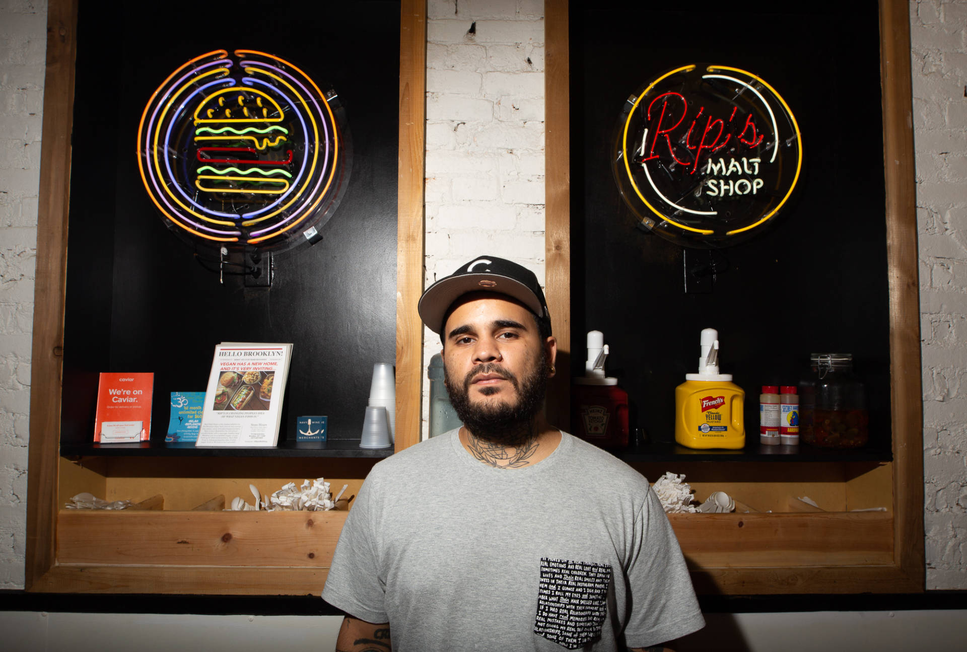 Erick Castro is pictured inside of Rip's, a vegan malt shop he recently opened with partners near the Brooklyn Navy Yard.