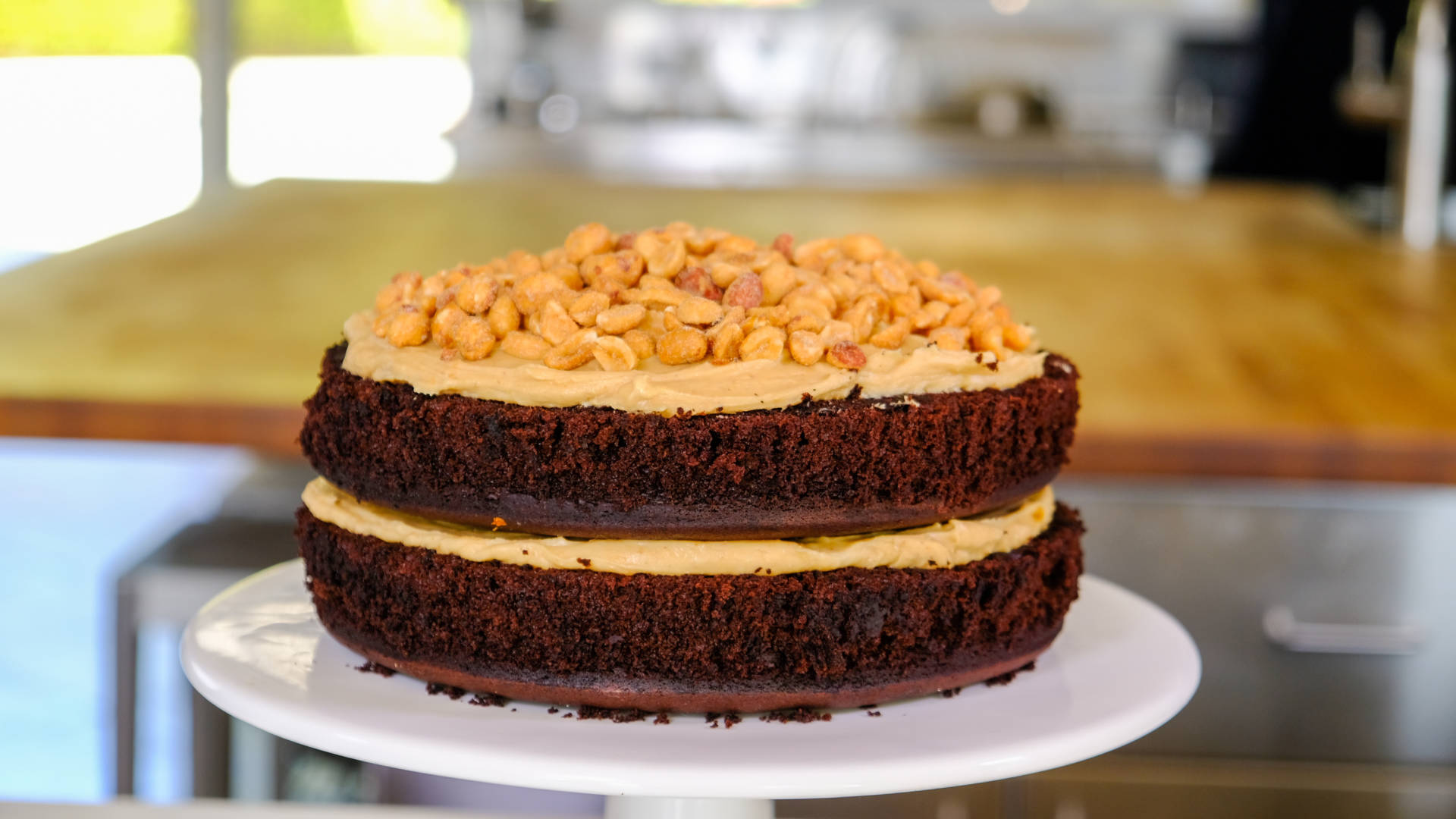 Emily Luchetti's classic chocolate layer cake with peanut butter frosting.