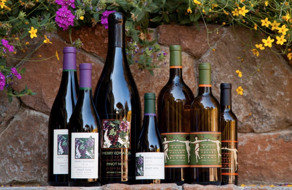 An array of wines made by Merry Edwards, photographed at her winery in Sebastopol.