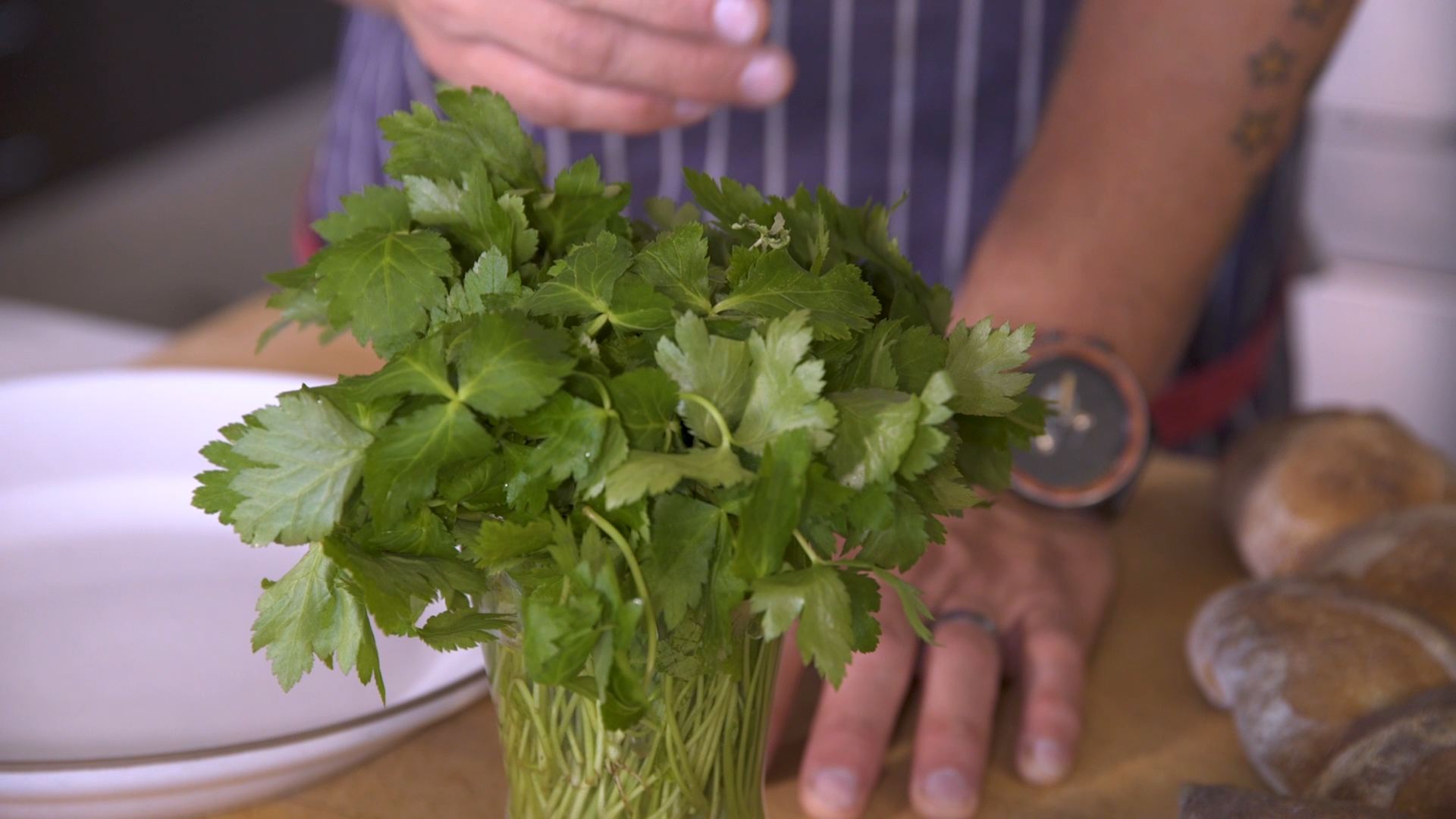 Chris Cosentino's pesto is made with mitsuba, which is sometimes known as Japanese parsley. 