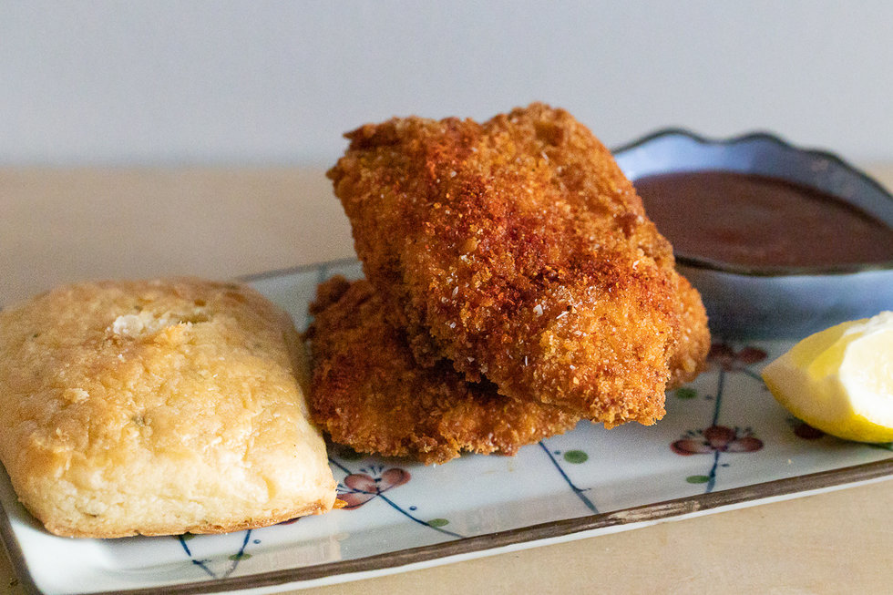 We didn't see this coming: fried chicken, topped with creole spices and paired with a thick buttery biscuit, is available in two pieces or four.