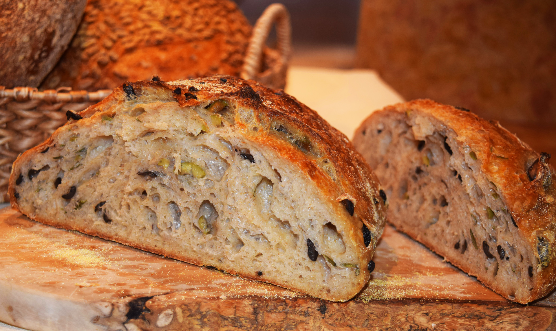 The outstanding rosemary olive bread is tangy and flavorful, with subtle hints of rosemary and two kinds of olives, black and green.