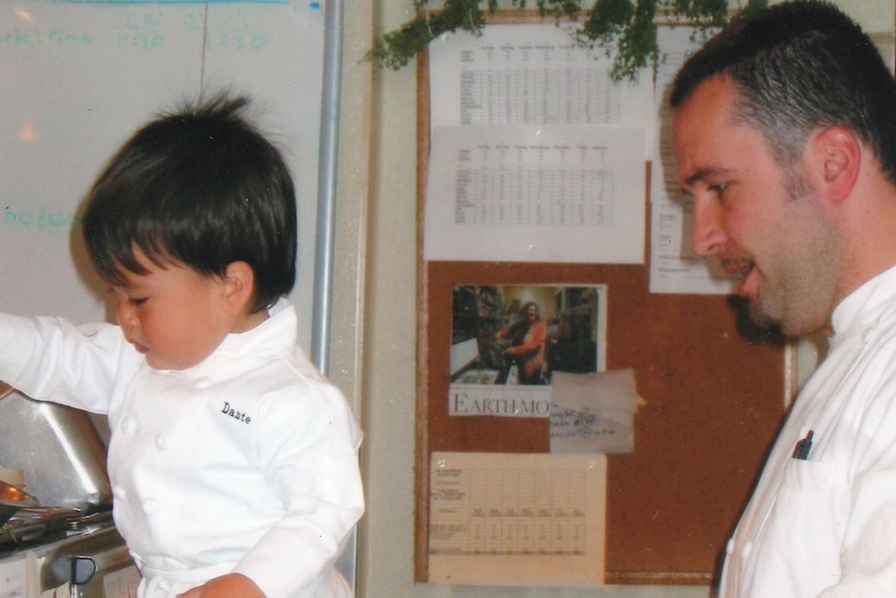 Chef Robbie Lewis with his son, Dante (who's now 16), at Jardinière back in the day.