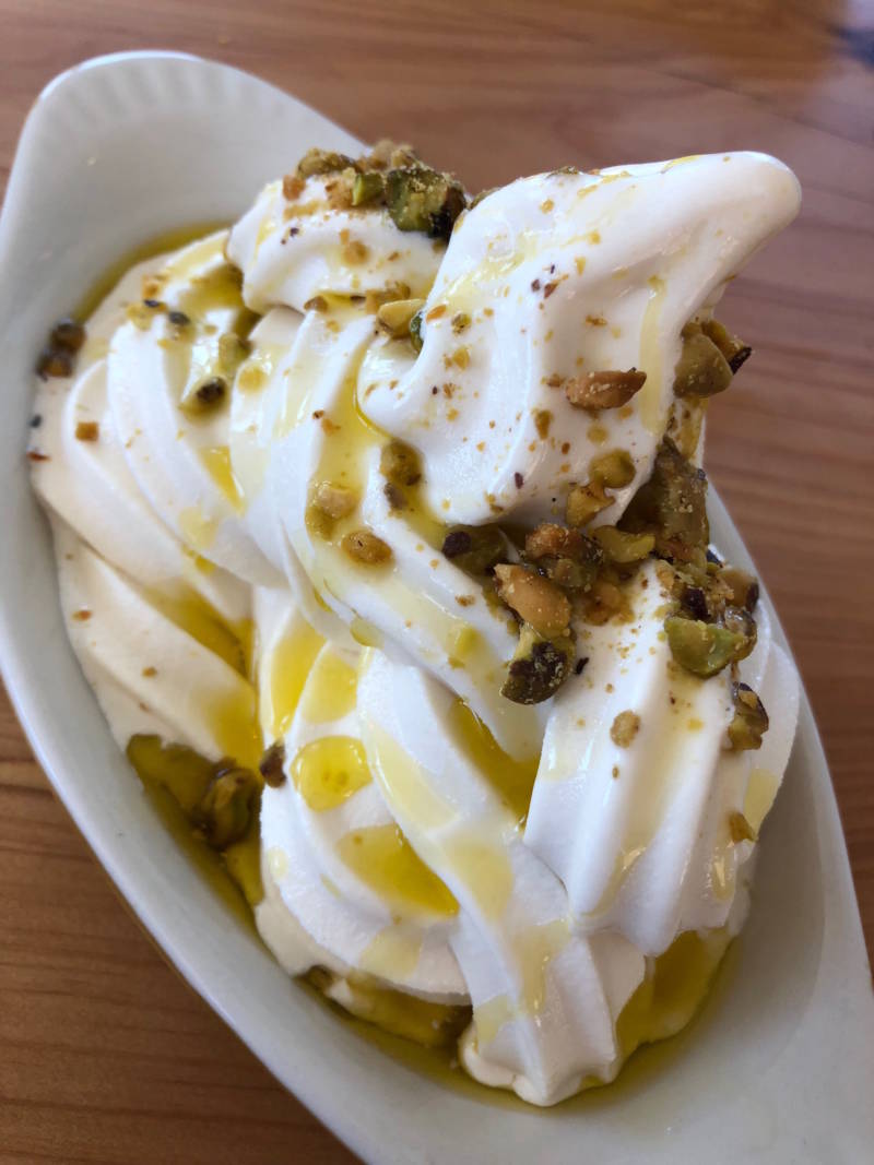 Straus Family Creamery soft serve with olive oil and pistachios