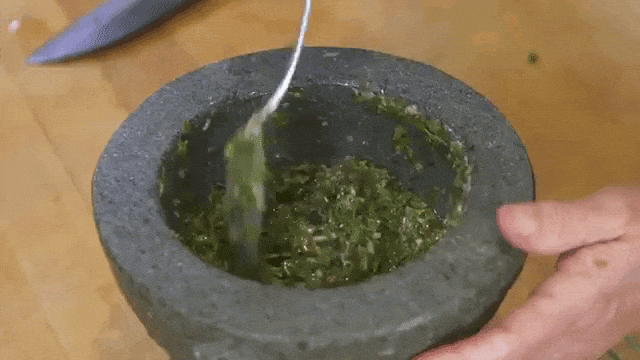 Use a mortar and pestle for the best flavors in this salsa verde.