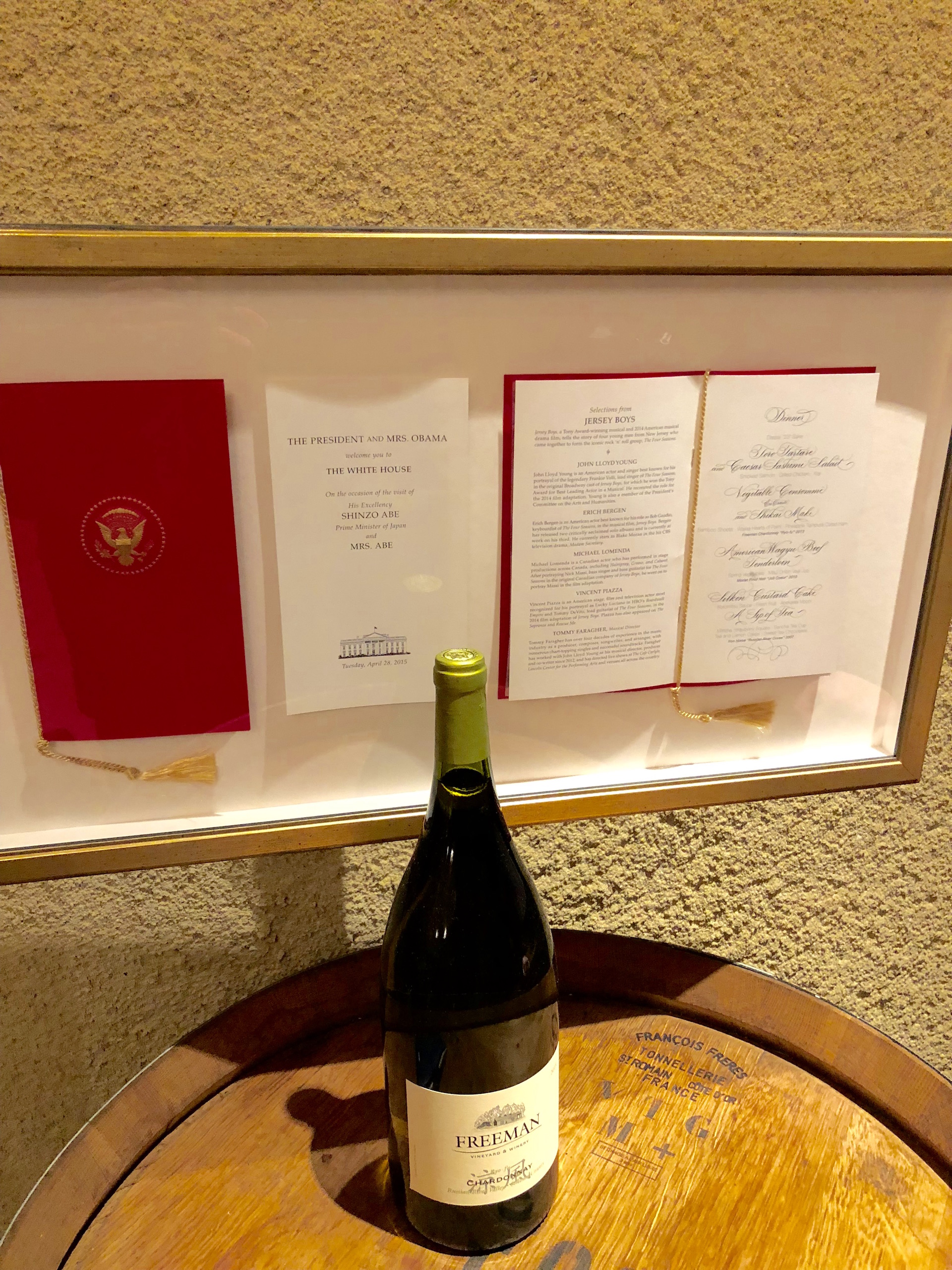 A copy of the entertainment program and menu from the 2015 White House dinner hosted by President Obama for Japanese Prime Minister Shinzo Abe, where Freeman Winery’s Ryo-fu Chardonnay was served