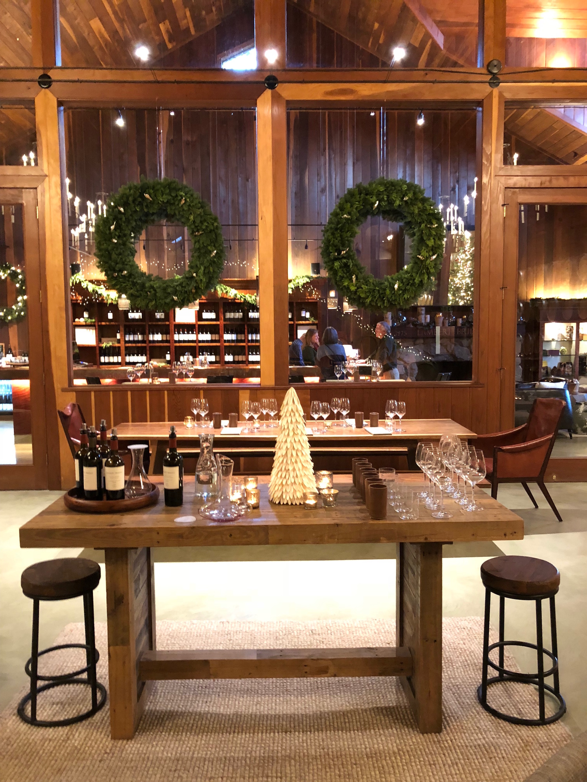 The spectacular and newly revamped Lambert Bridge Winery Redwood Barrel Room, all dressed up for the holidays