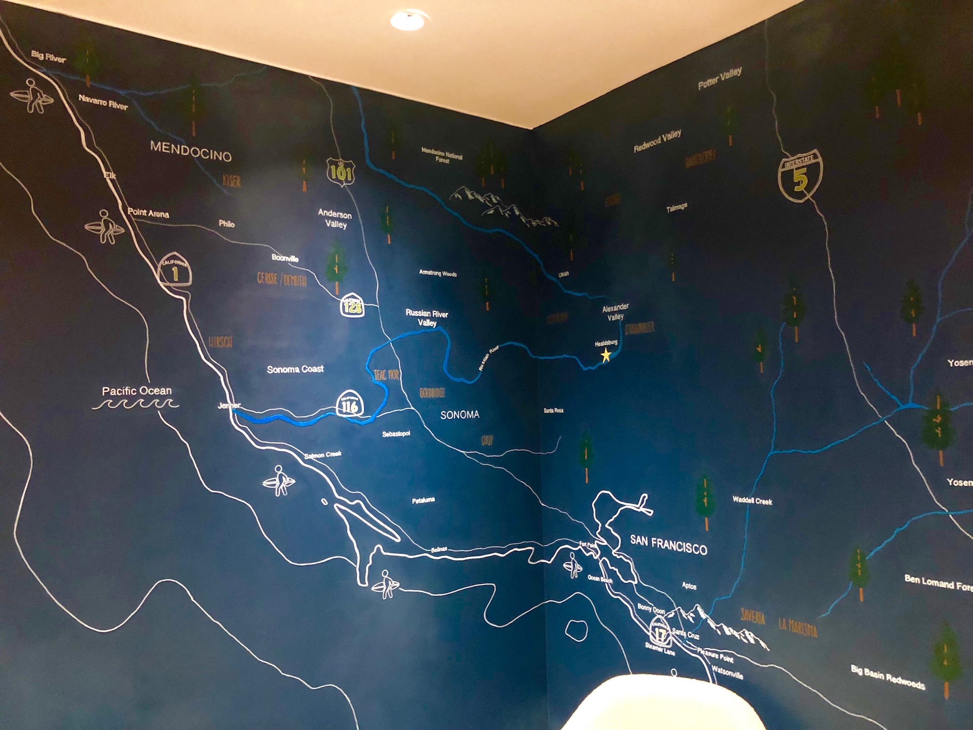 A map in Lioco’s Healdsburg tasting room showing the different vineyards the winery sources from across Northern California