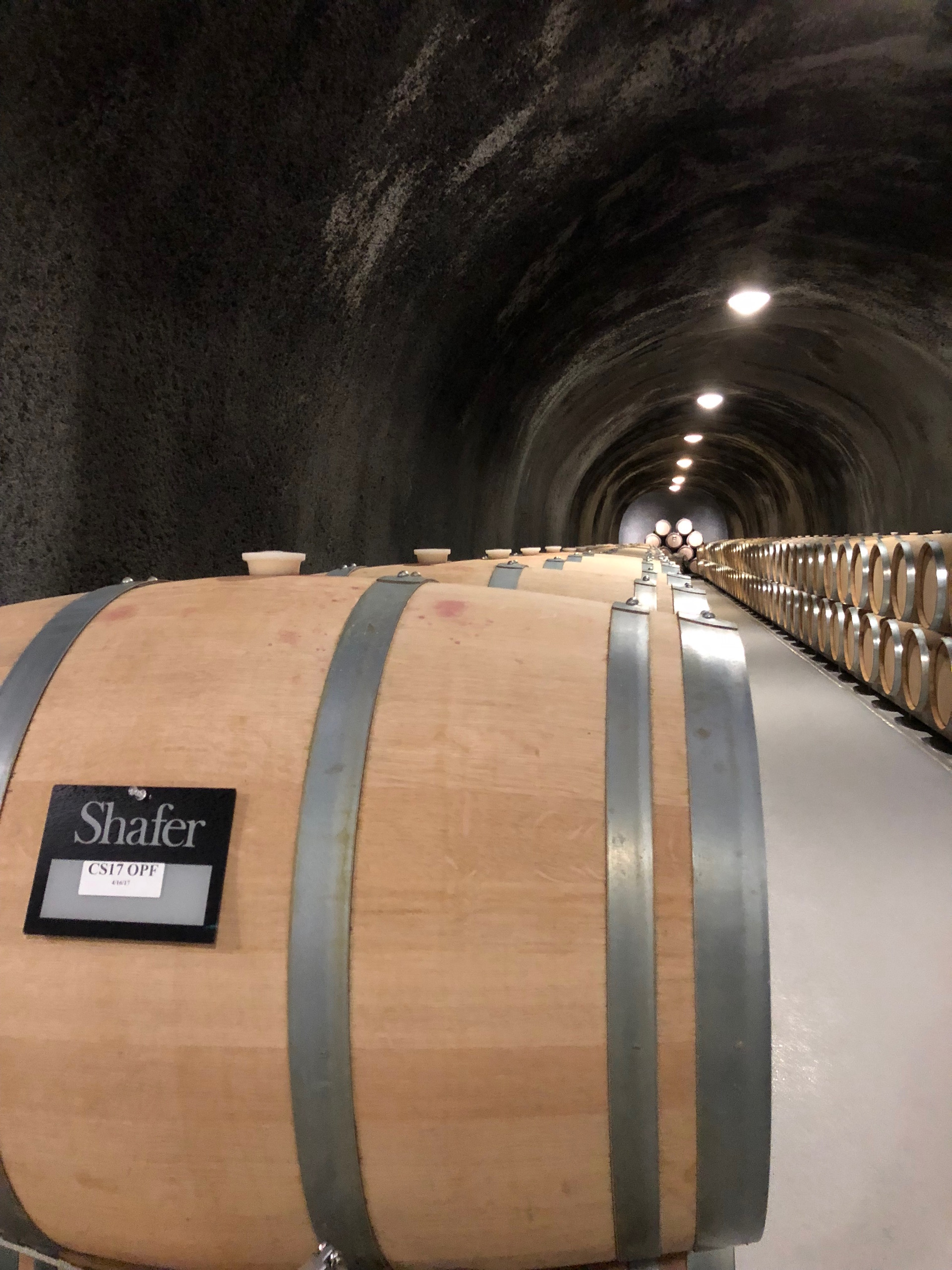 Barrels resting in Shafer Vineyards’ sprawling caves
